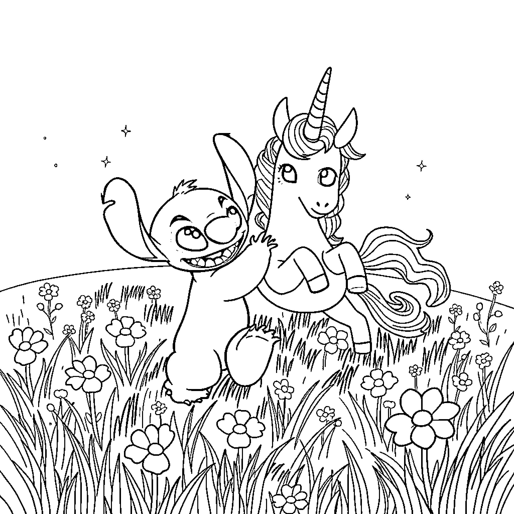 Stitch and Unicorn Explore the Magical Meadow Coloring Page (free black-and-white line drawing printable PDF for all, from beginners to advanced learners, including children, teens, adults, and seniors)