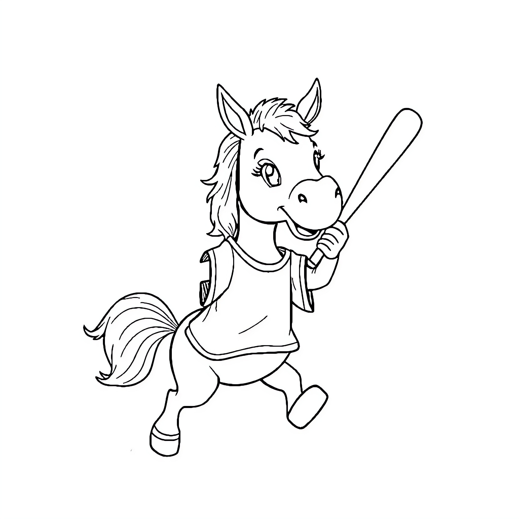 Horse playing with baseball bat in cartoon style Coloring Page (free black-and-white line drawing printable PDF for all, from beginners to advanced learners, including children, teens, adults, and seniors)