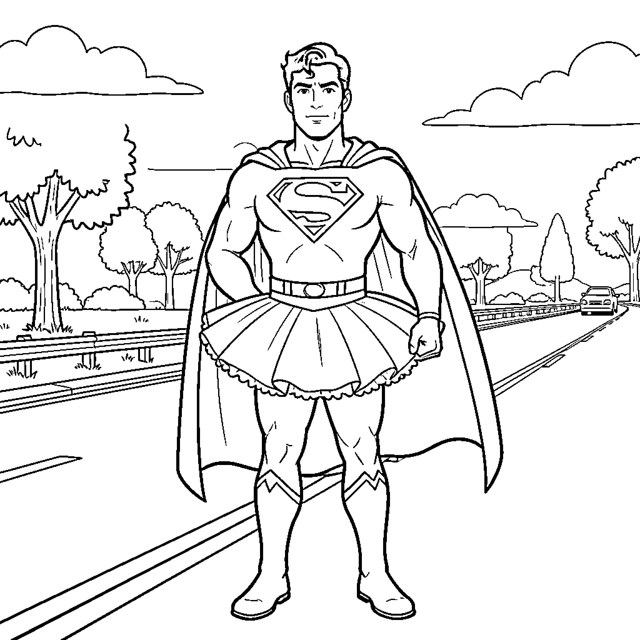 Superman wearing a tutu standing on a street Coloring Page (free black-and-white line drawing printable PDF for all, from beginners to advanced learners, including children, teens, adults, and seniors)