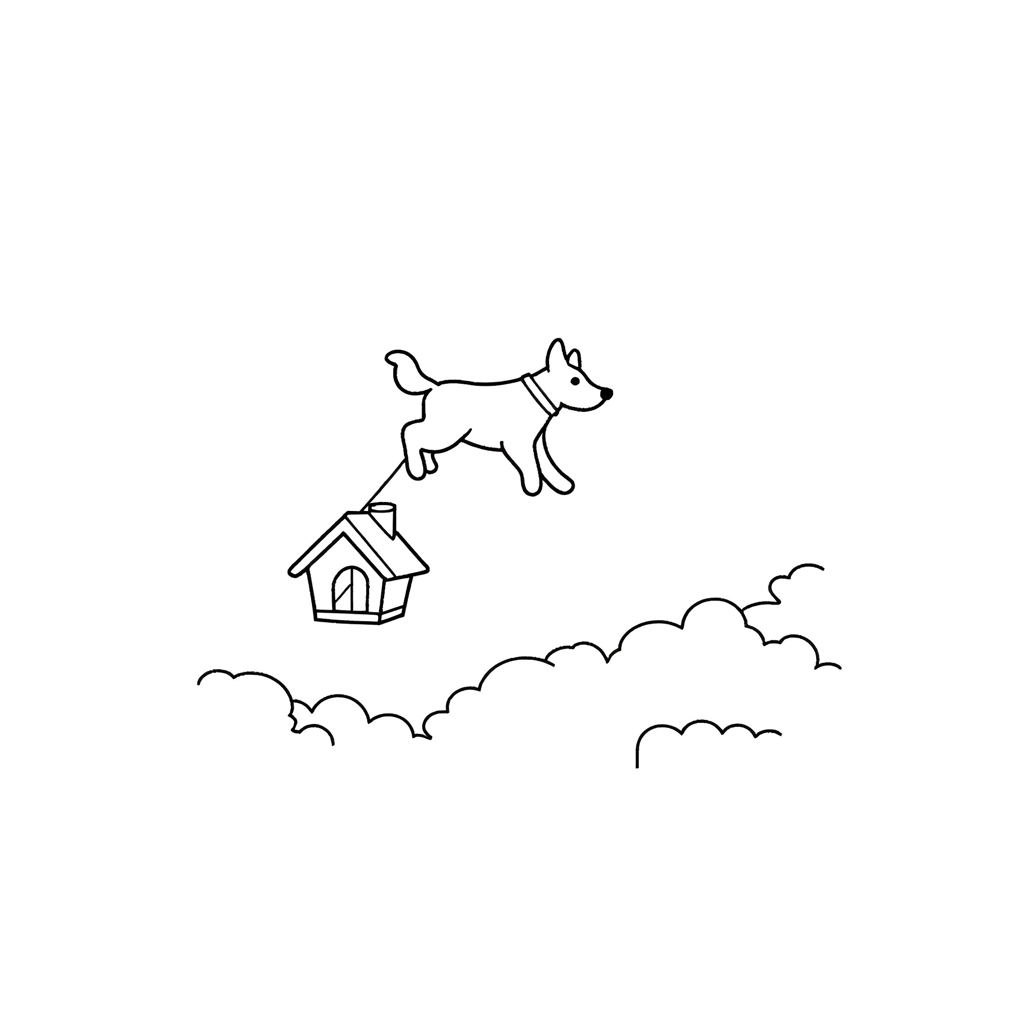 Dog jumping happily over doghouse in the clouds Coloring Page (free black-and-white line drawing printable PDF for all, from beginners to advanced learners, including children, teens, adults, and seniors)