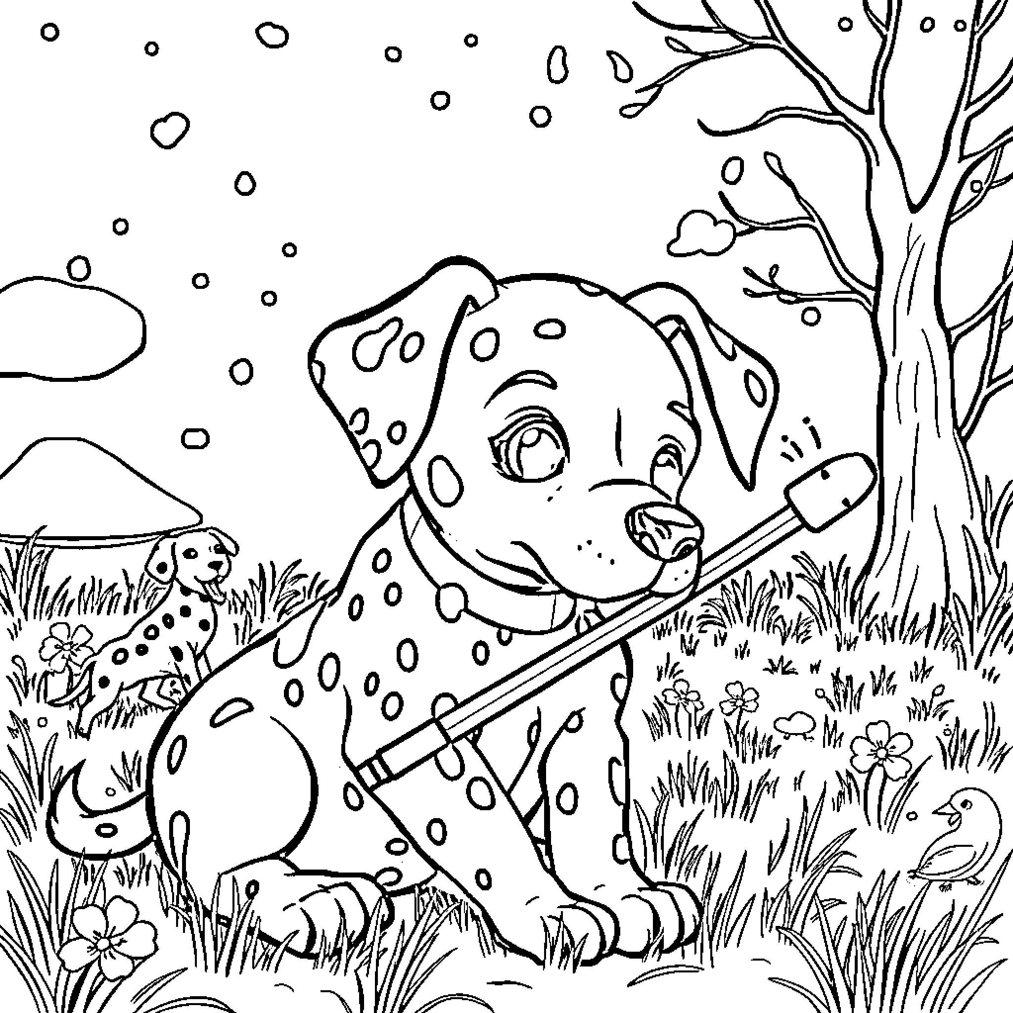 Dalmatiër playing happily in the snowy landscape Coloring Page (free black-and-white line drawing printable PDF for all, from beginners to advanced learners, including children, teens, adults, and seniors)