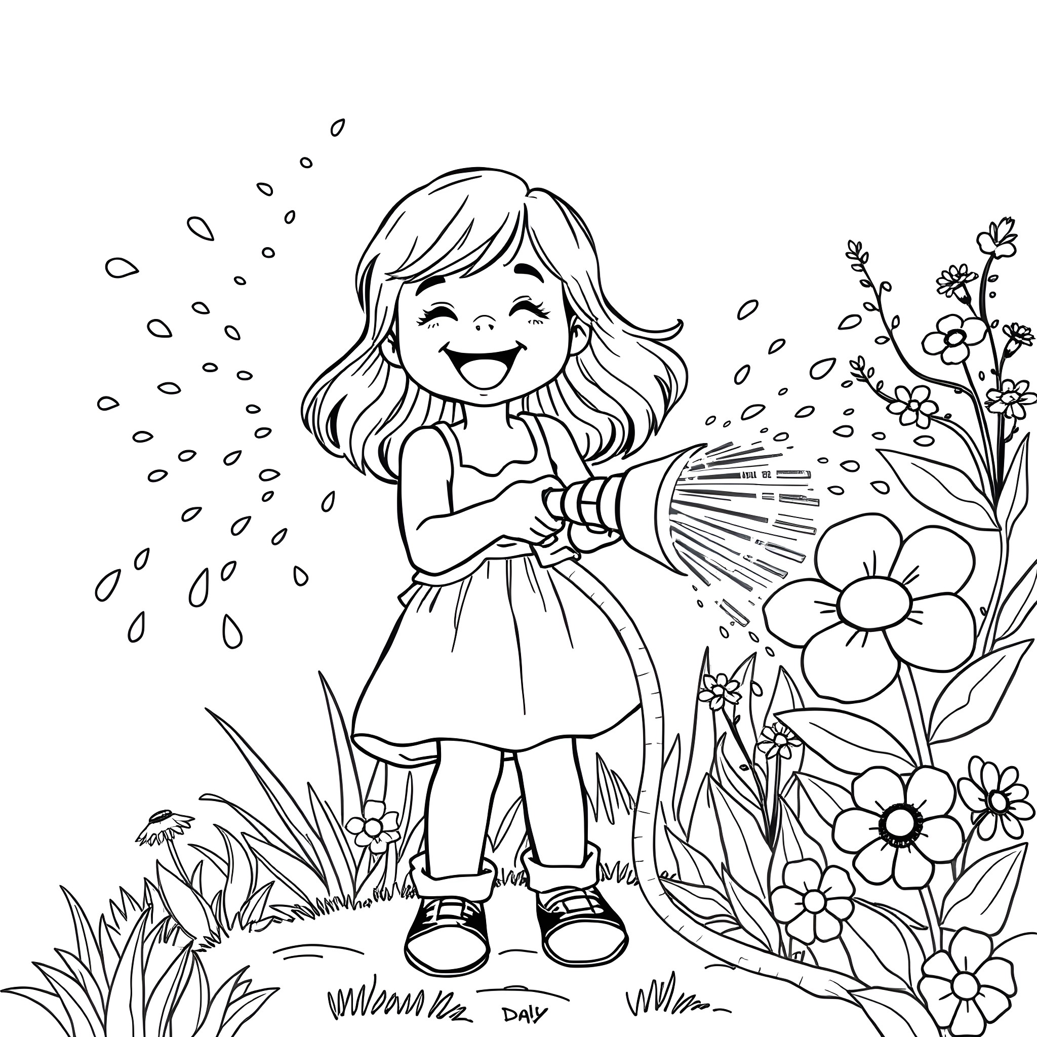 Girl Joyfully Watering Flowers in Garden Coloring Page (free black-and-white line drawing printable PDF for all, from beginners to advanced learners, including children, teens, adults, and seniors)