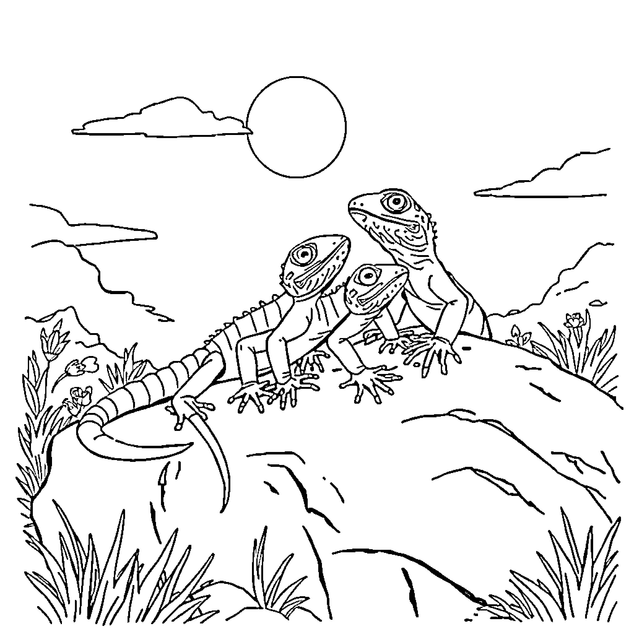 Lizard Duo Basking in the Moonlit Wilderness Coloring Page (free black-and-white line drawing printable PDF for all, from beginners to advanced learners, including children, teens, adults, and seniors)