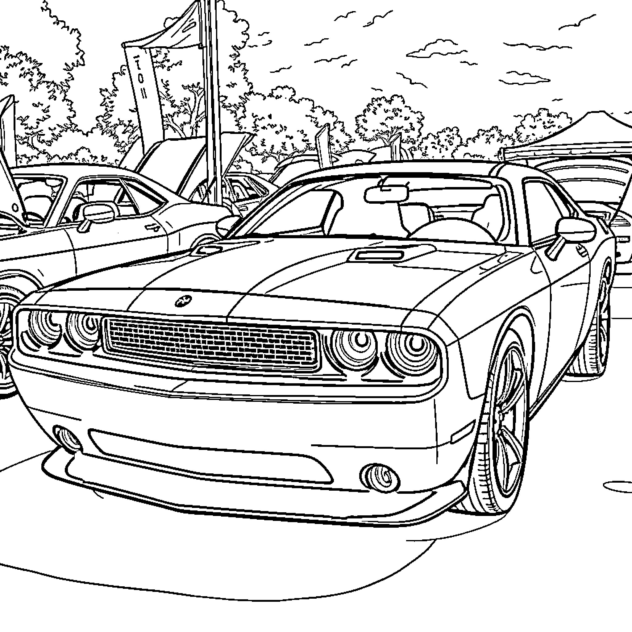 Dodge Challengers in an urban setting Coloring Page (free black-and-white line drawing printable PDF for all, from beginners to advanced learners, including children, teens, adults, and seniors)