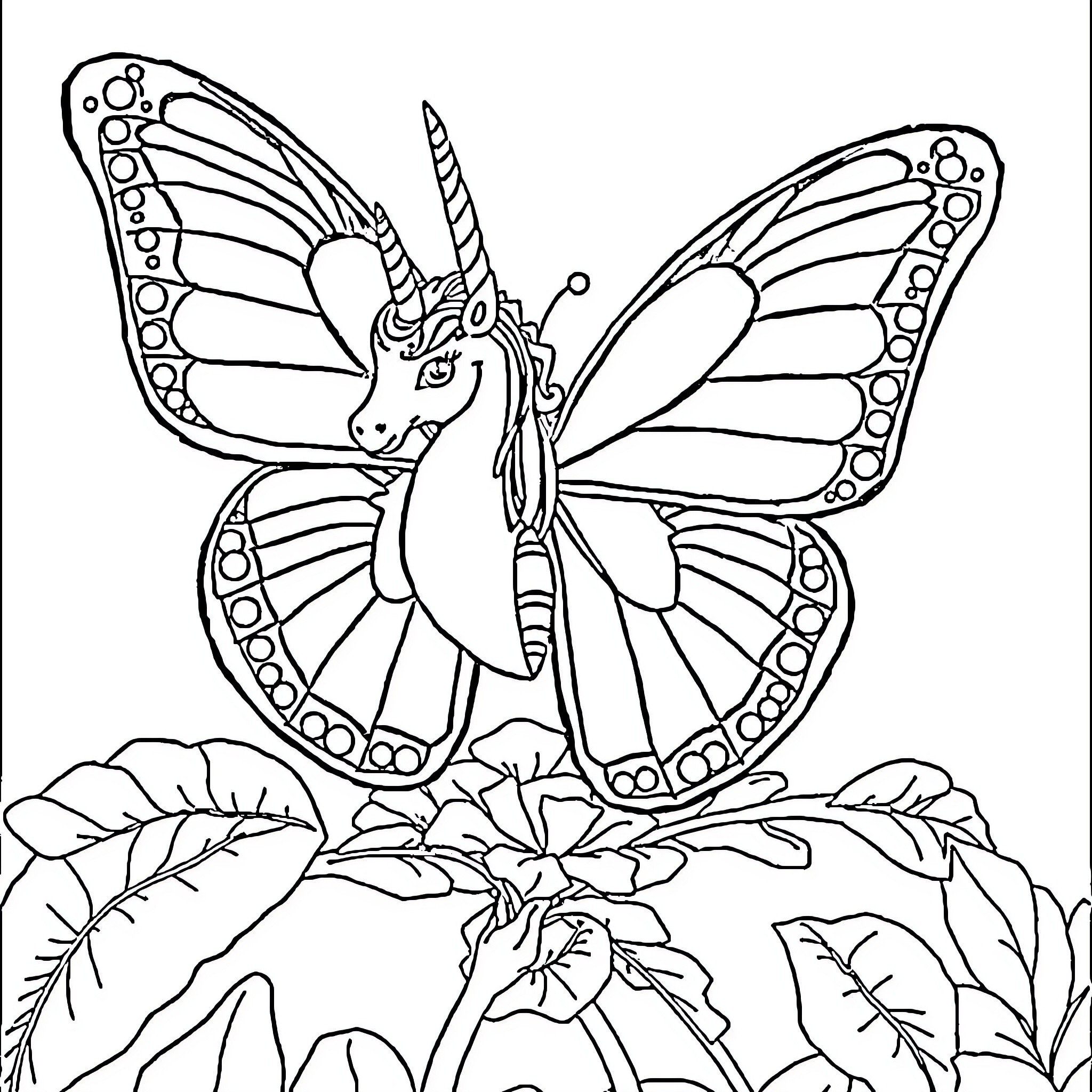 Unicorn butterfly soaring through lush foliage Coloring Page (free black-and-white line drawing printable PDF for all, from beginners to advanced learners, including children, teens, adults, and seniors)