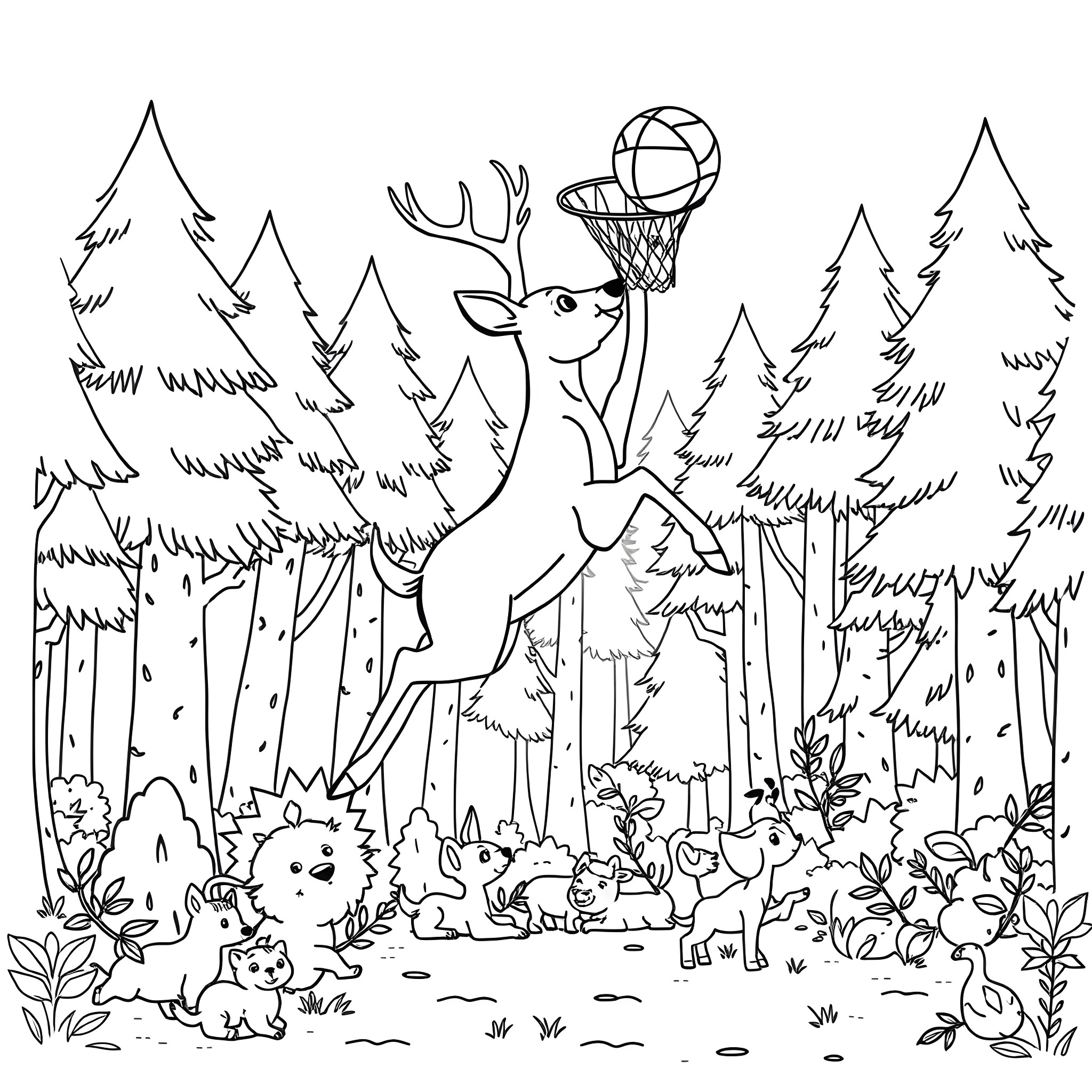 Deer playing basketball in the forest Coloring Page (free black-and-white line drawing printable PDF for all, from beginners to advanced learners, including children, teens, adults, and seniors)