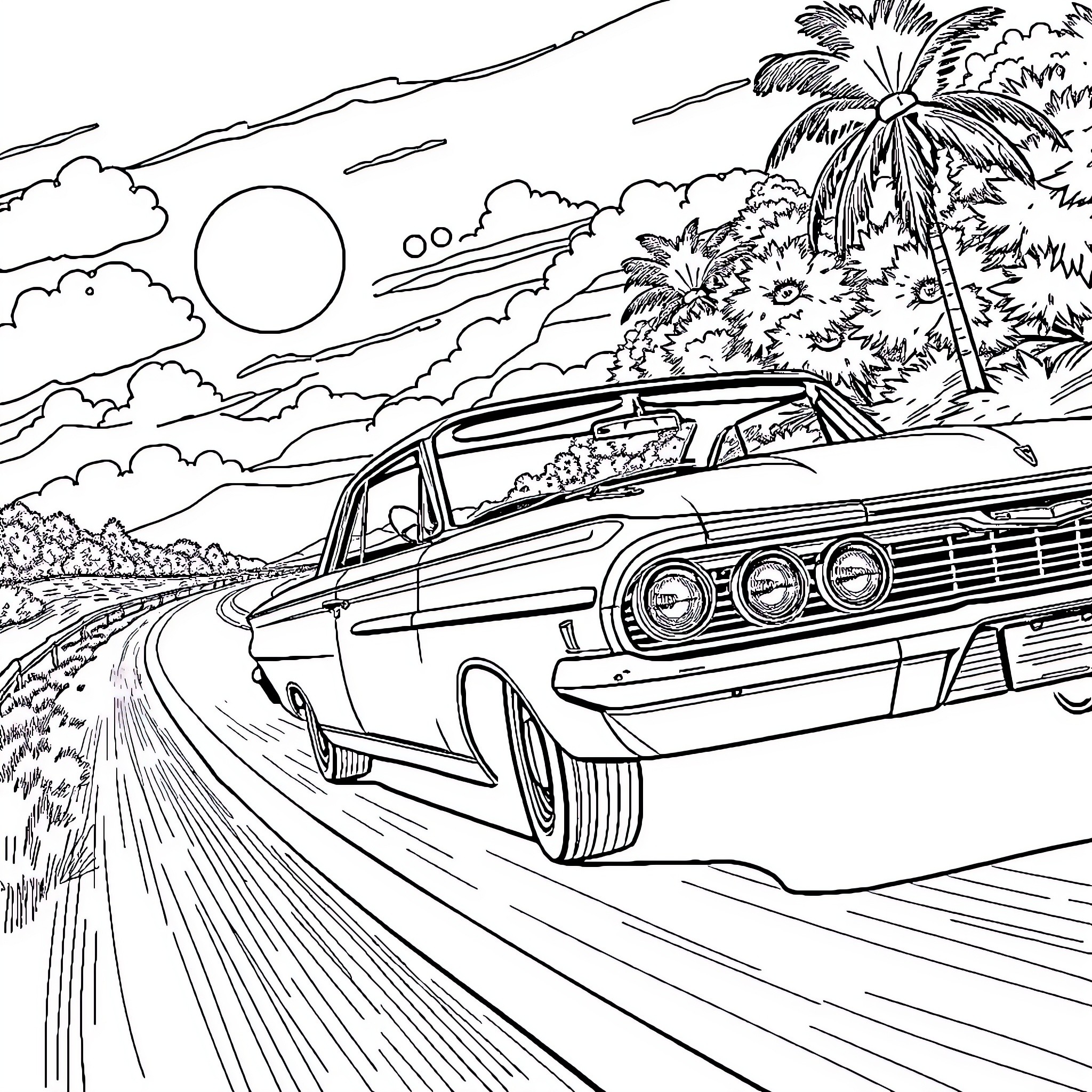 Chevy cruising through scenic tropical landscape Coloring Page (free black-and-white line drawing printable PDF for all, from beginners to advanced learners, including children, teens, adults, and seniors)