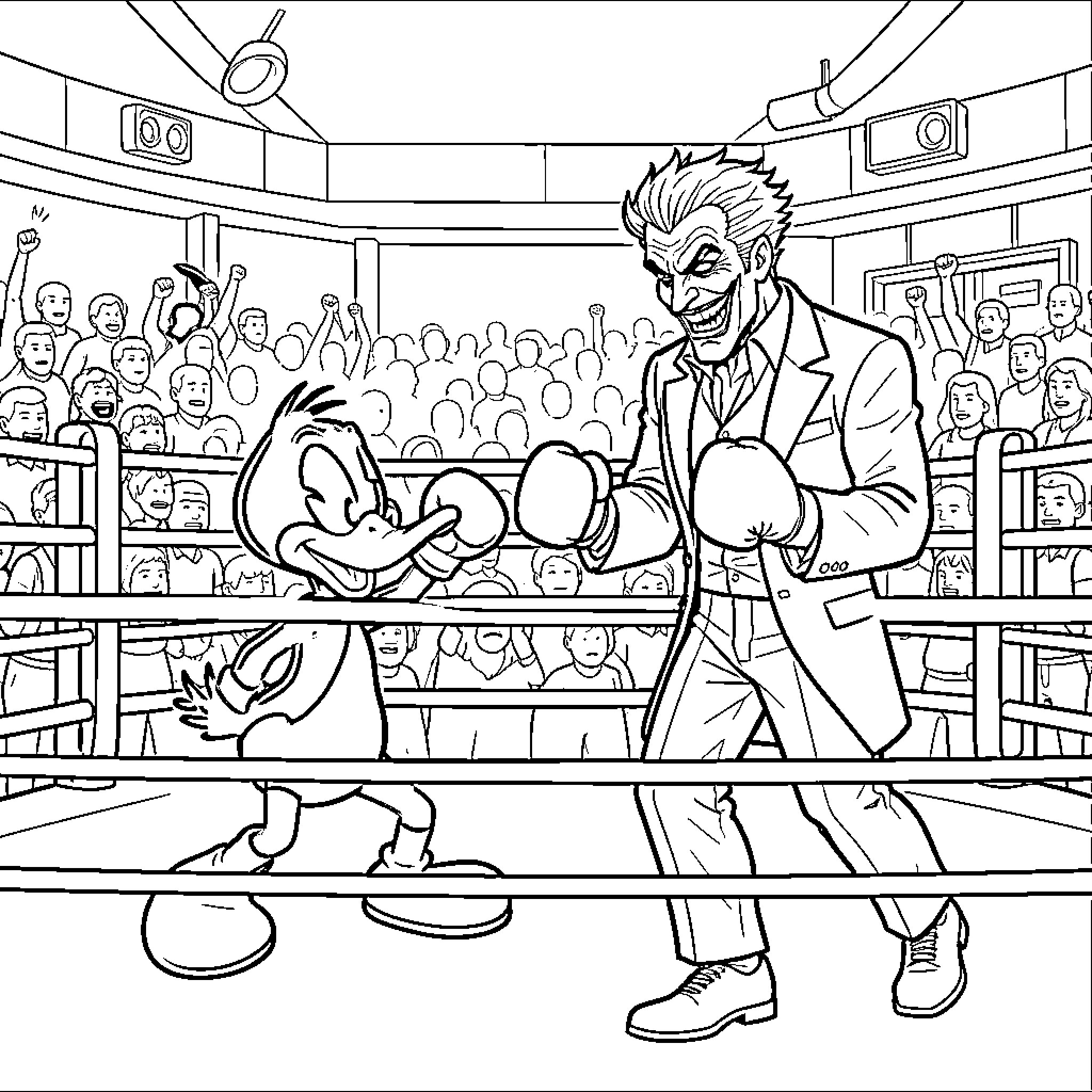 Daffy Duck boxing against a smiling villain in a ring Coloring Page (free black-and-white line drawing printable PDF for all, from beginners to advanced learners, including children, teens, adults, and seniors)
