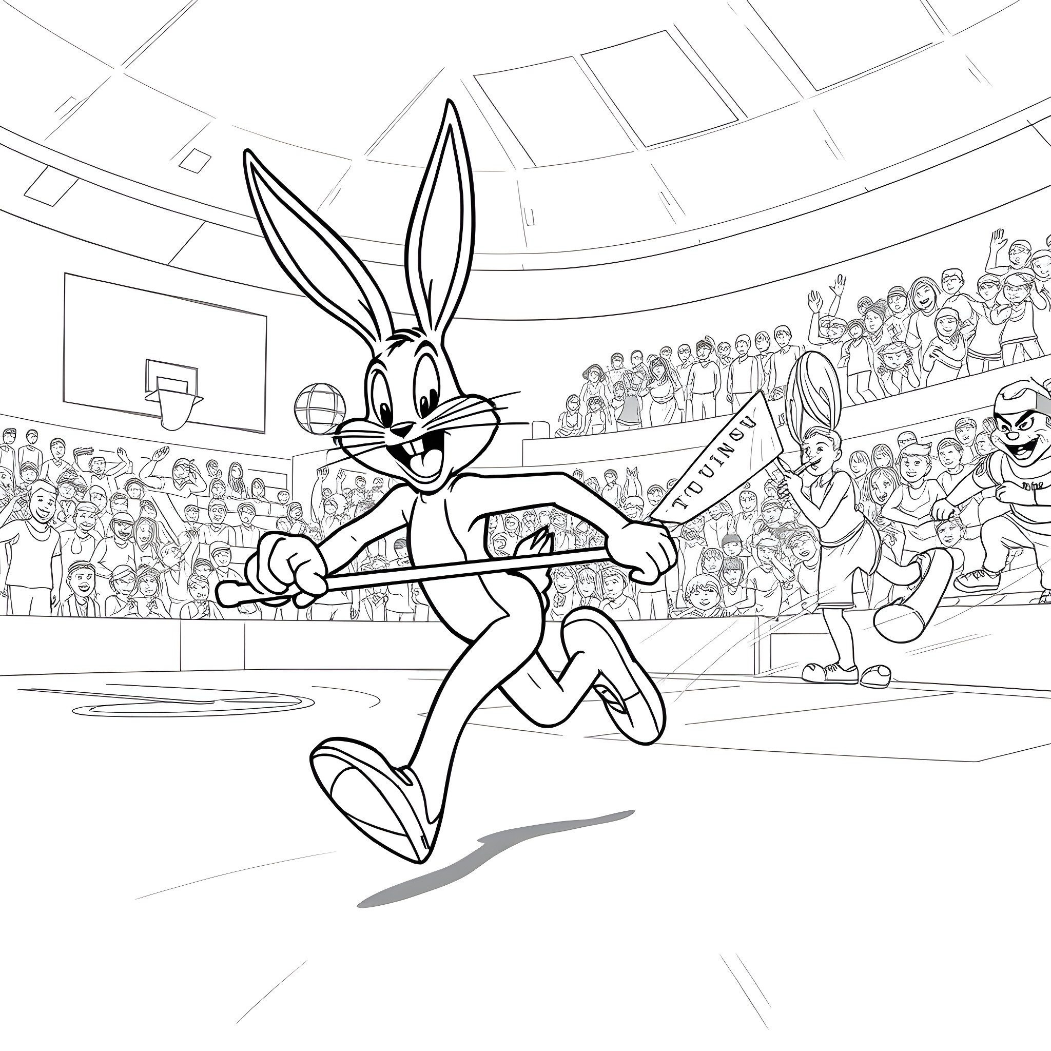 Bugs Bunny playing basketball in the stadium Coloring Page (free black-and-white line drawing printable PDF for all, from beginners to advanced learners, including children, teens, adults, and seniors)