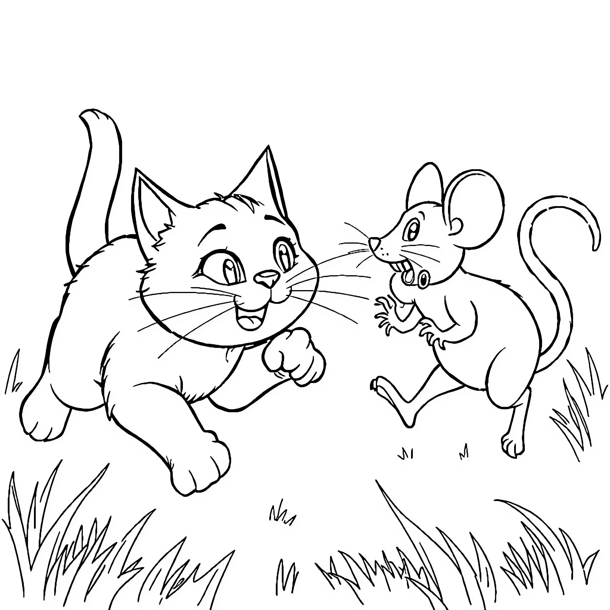 Cat vs Mouse Playful Interaction Coloring Page (free black-and-white line drawing printable PDF for all, from beginners to advanced learners, including children, teens, adults, and seniors)