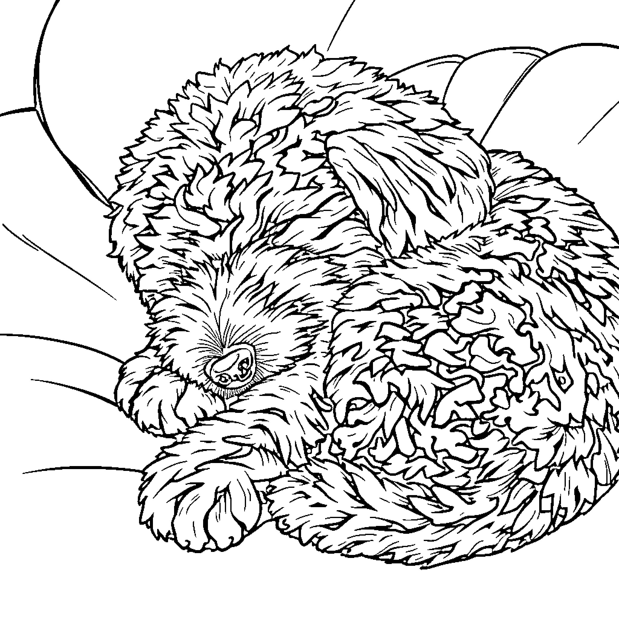 Labradoodle enjoying a nap in the leaves Coloring Page (free black-and-white line drawing printable PDF for all, from beginners to advanced learners, including children, teens, adults, and seniors)