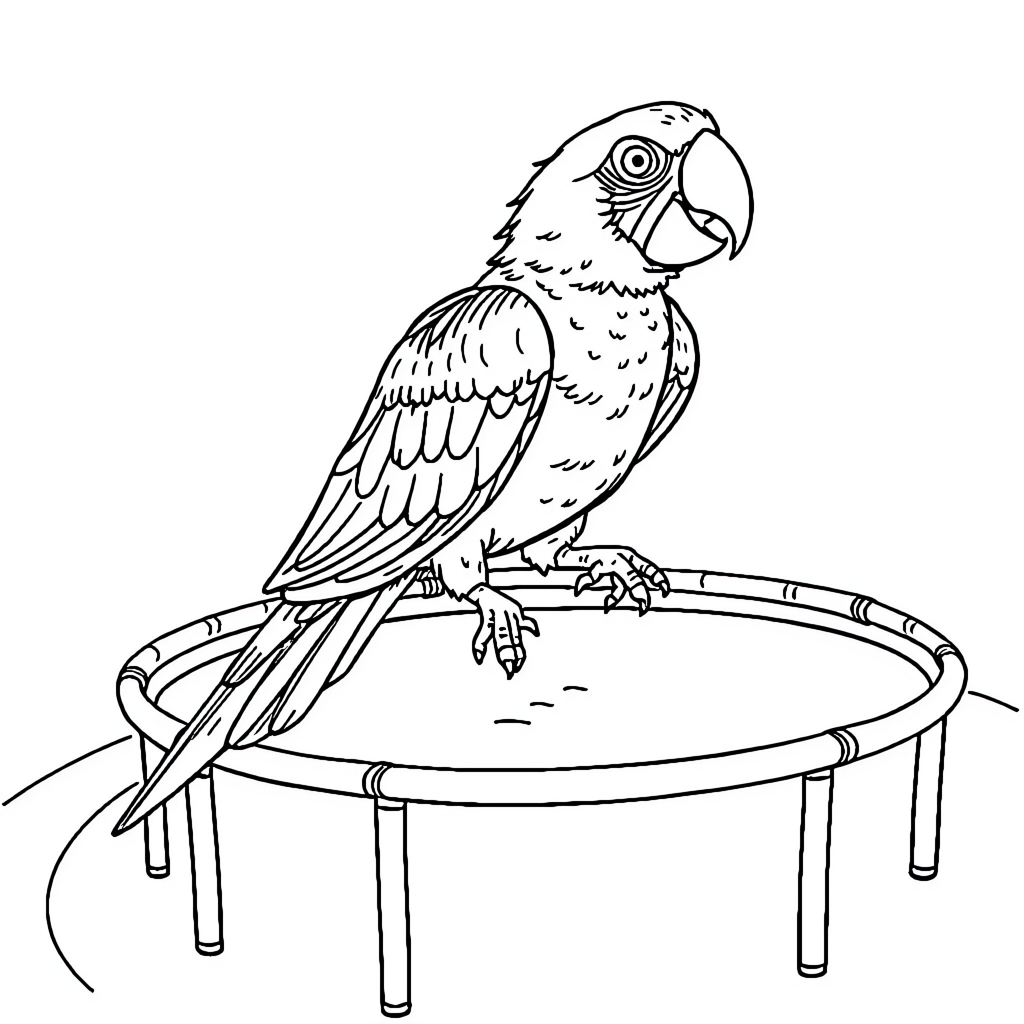 Parrot posing on trampoline Coloring Page (free black-and-white line drawing printable PDF for all, from beginners to advanced learners, including children, teens, adults, and seniors)