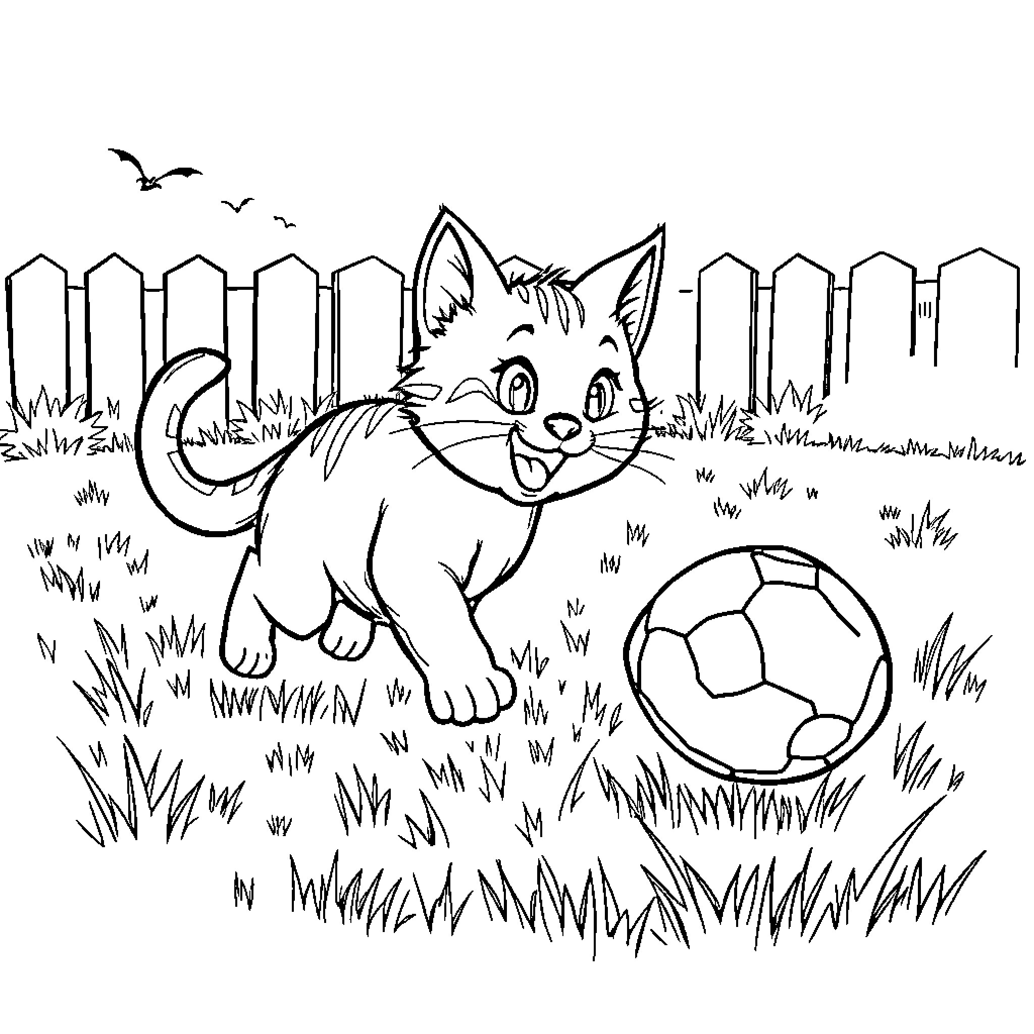 Cat playing with ball in backyard Coloring Page (free black-and-white line drawing printable PDF for all, from beginners to advanced learners, including children, teens, adults, and seniors)