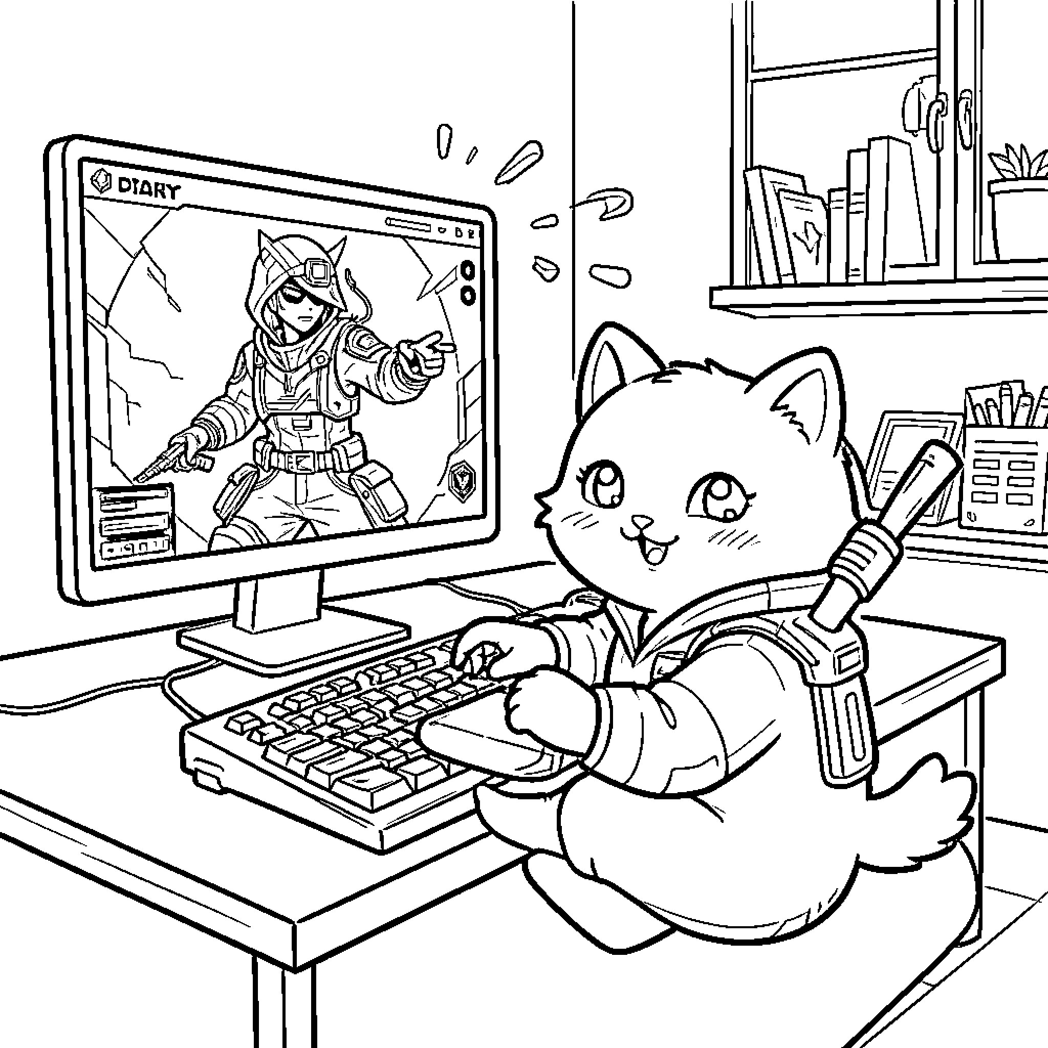 Cat gamer playing video game on computer Coloring Page (free black-and-white line drawing printable PDF for all, from beginners to advanced learners, including children, teens, adults, and seniors)
