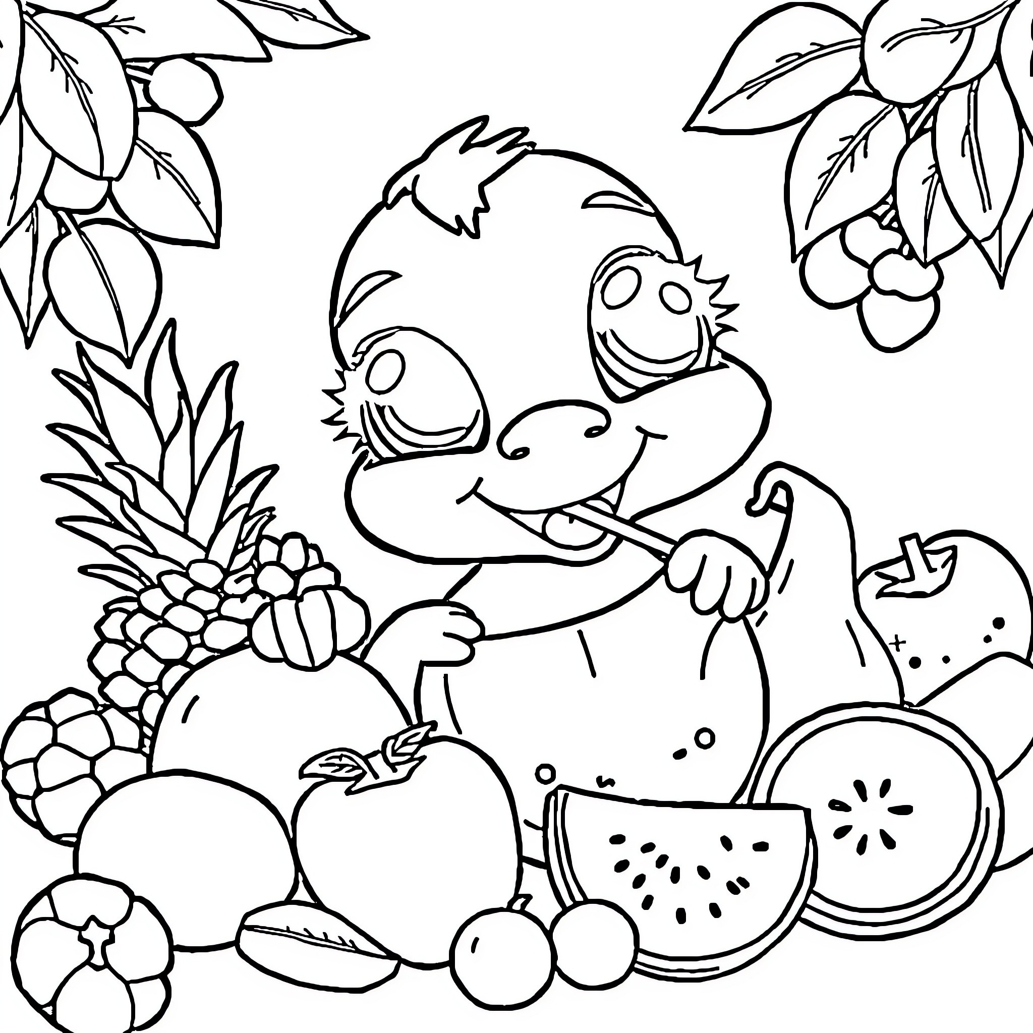 Elza enjoys a colorful fruit feast Coloring Page (free black-and-white line drawing printable PDF for all, from beginners to advanced learners, including children, teens, adults, and seniors)