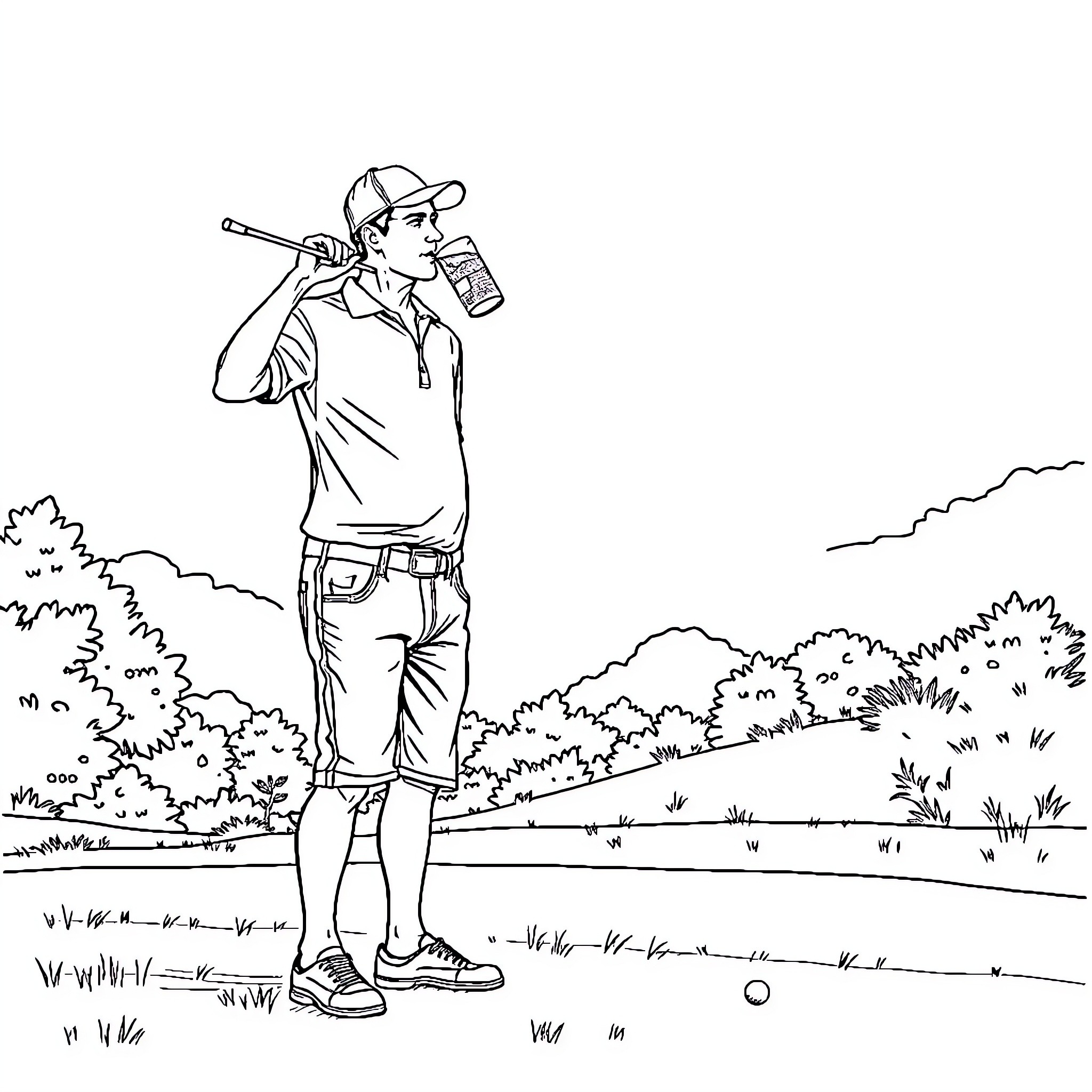Man drinking from water bottle on hiking trail Coloring Page (free black-and-white line drawing printable PDF for all, from beginners to advanced learners, including children, teens, adults, and seniors)