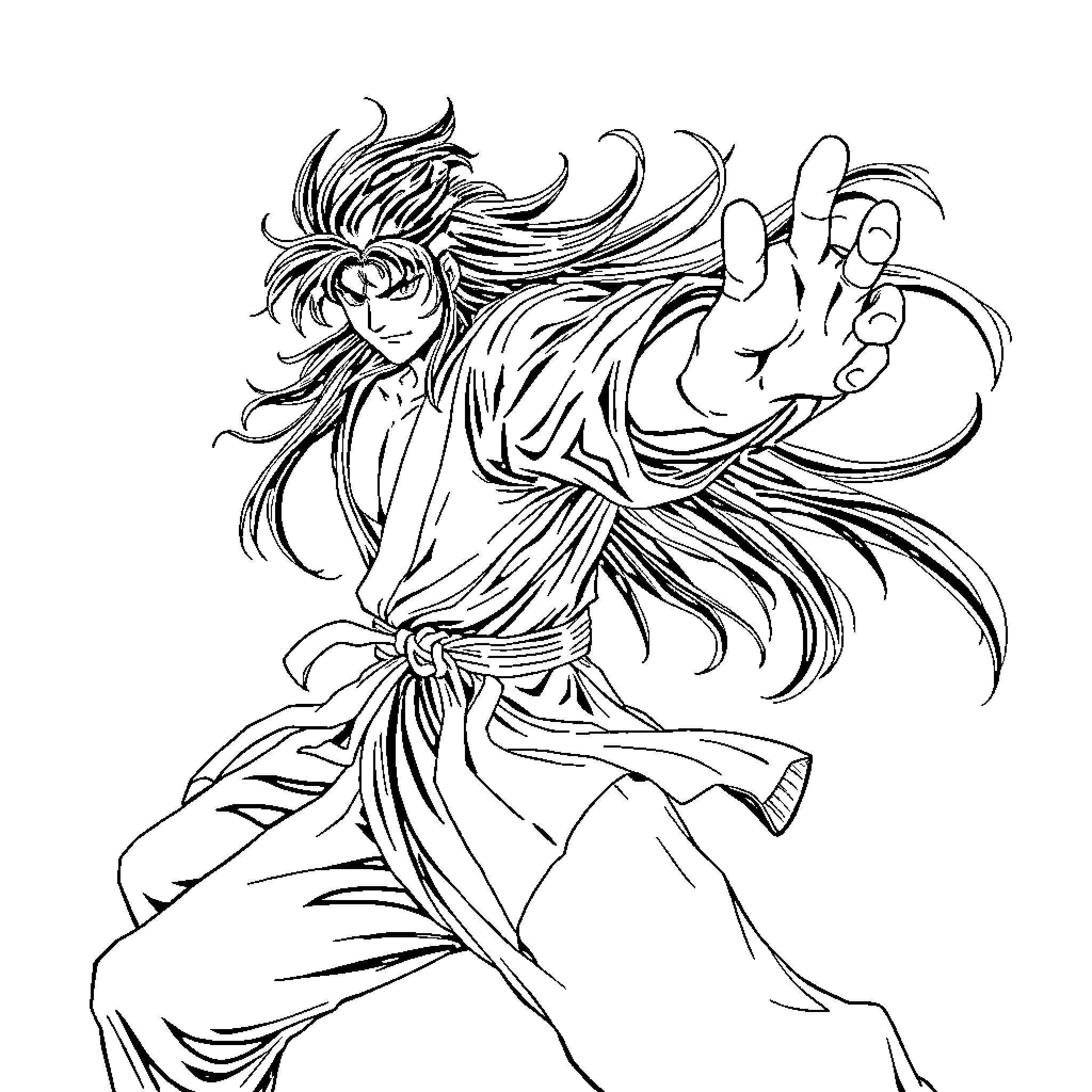 Shiryu engaged in dynamic martial arts performance Coloring Page (free black-and-white line drawing printable PDF for all, from beginners to advanced learners, including children, teens, adults, and seniors)
