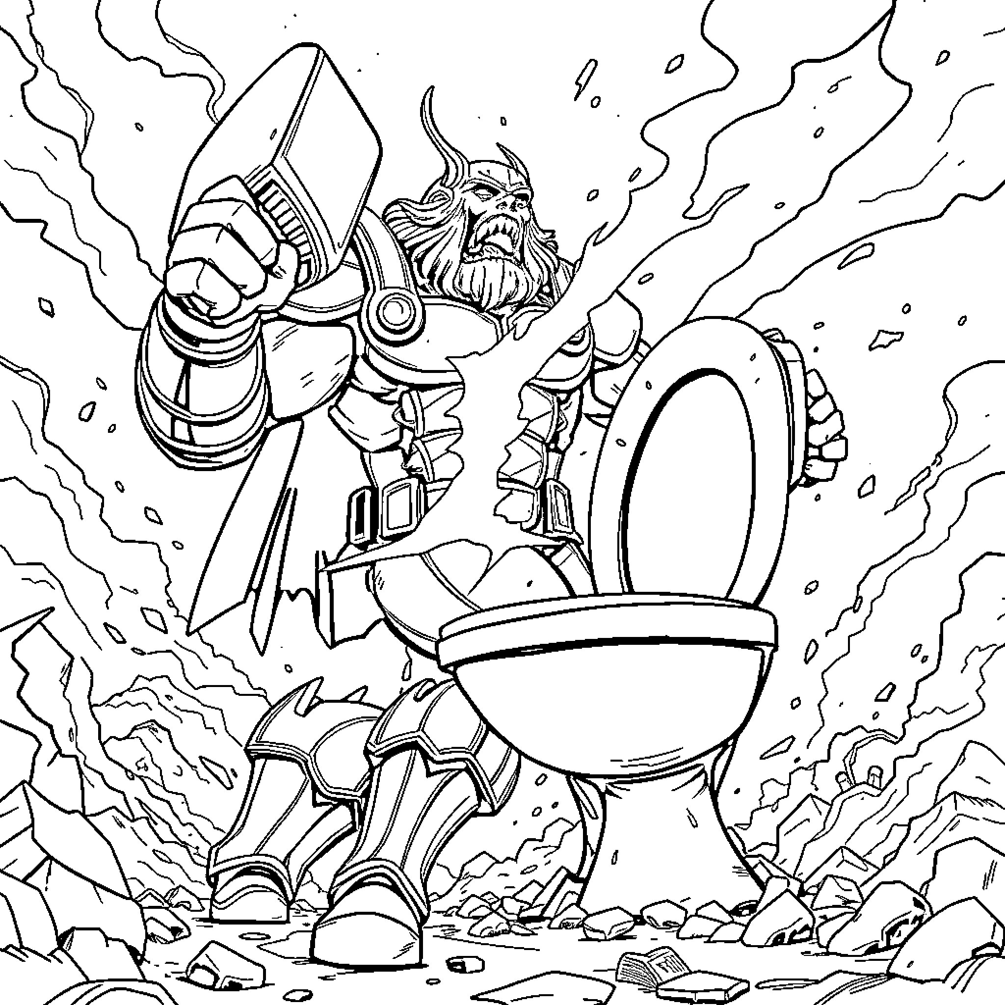Titan warrior wields mighty weapon with determination Coloring Page (free black-and-white line drawing printable PDF for all, from beginners to advanced learners, including children, teens, adults, and seniors)