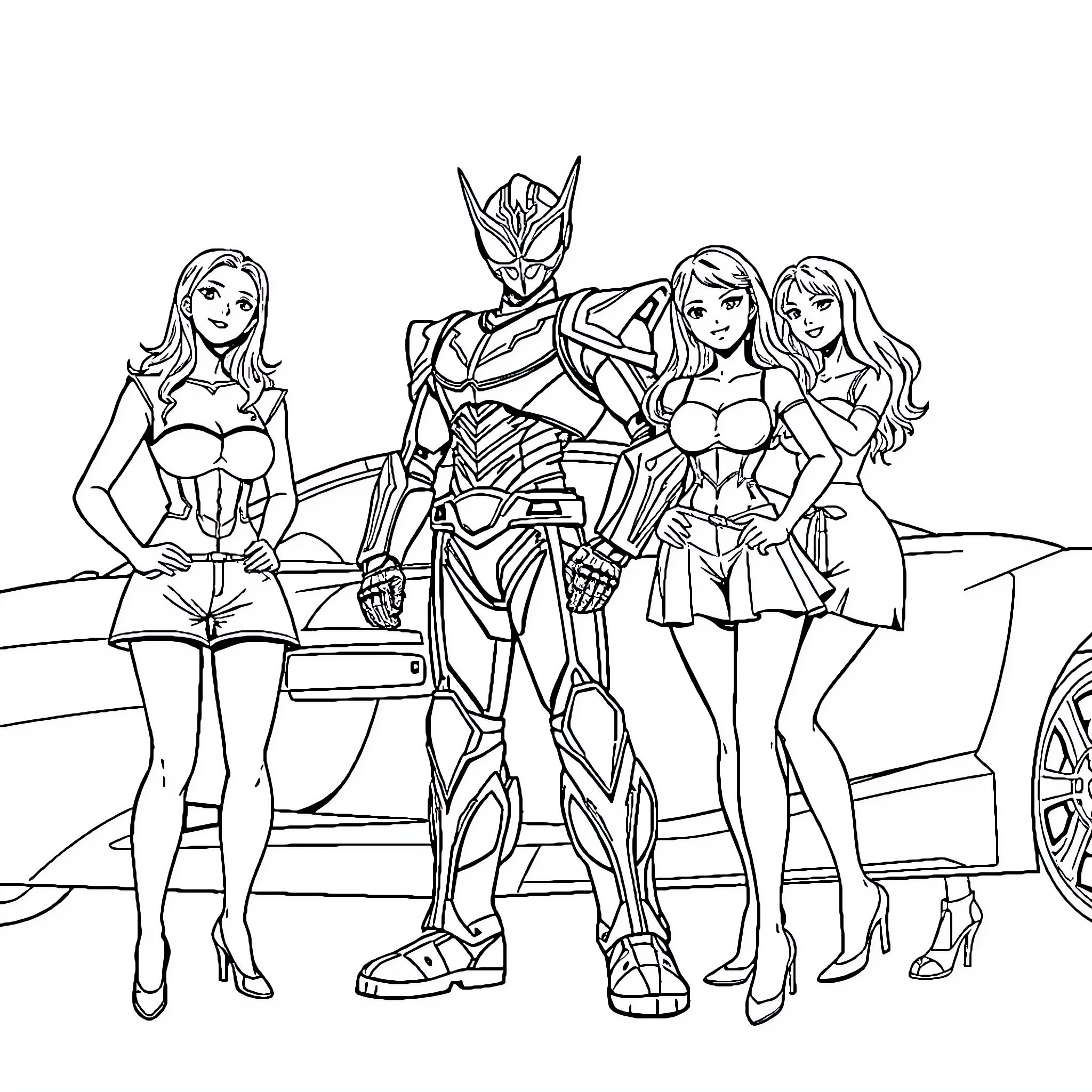 Kamen Rider poses with stylish female companions Coloring Page (free black-and-white line drawing printable PDF for all, from beginners to advanced learners, including children, teens, adults, and seniors)