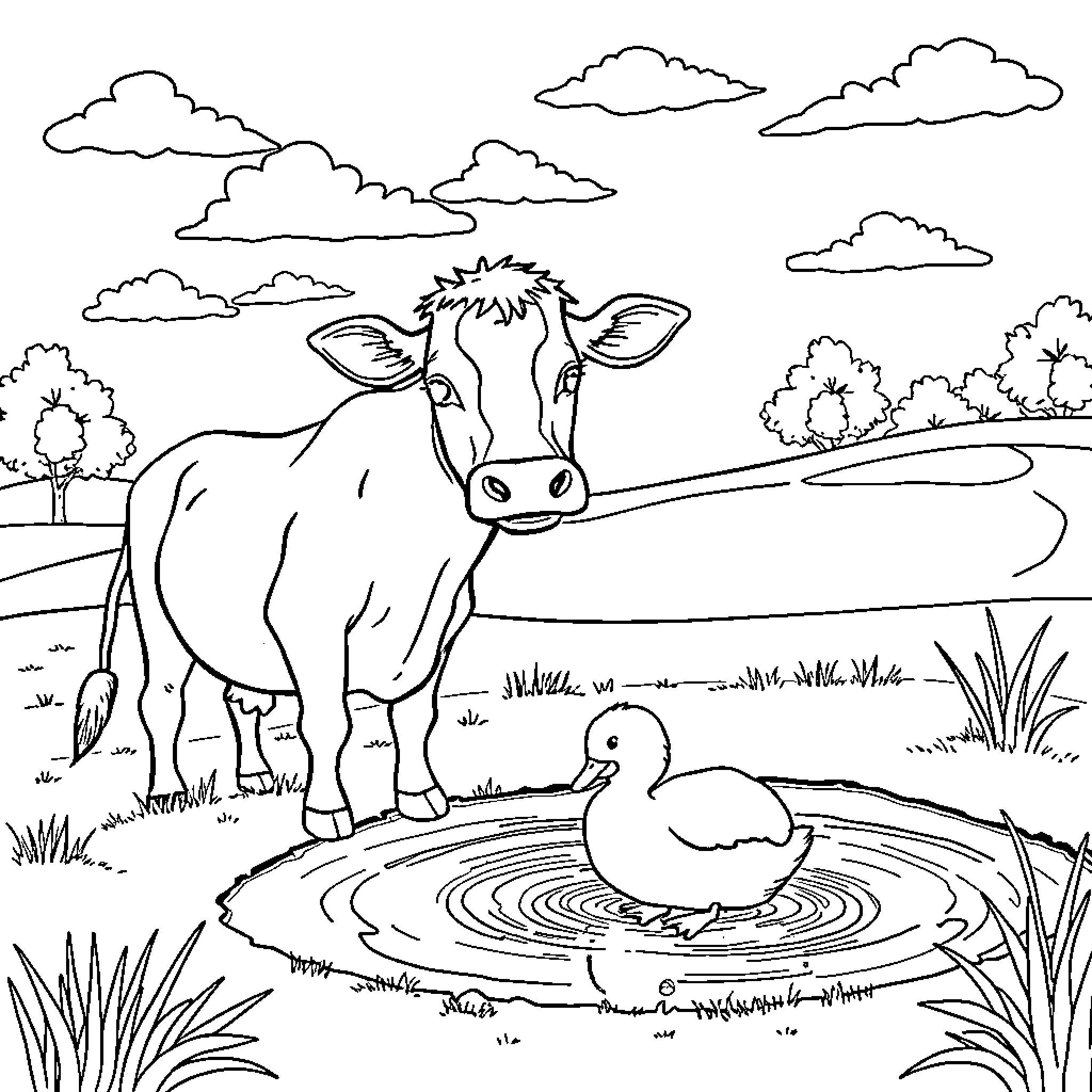 Cow and duck enjoying a serene countryside scene Coloring Page (free black-and-white line drawing printable PDF for all, from beginners to advanced learners, including children, teens, adults, and seniors)