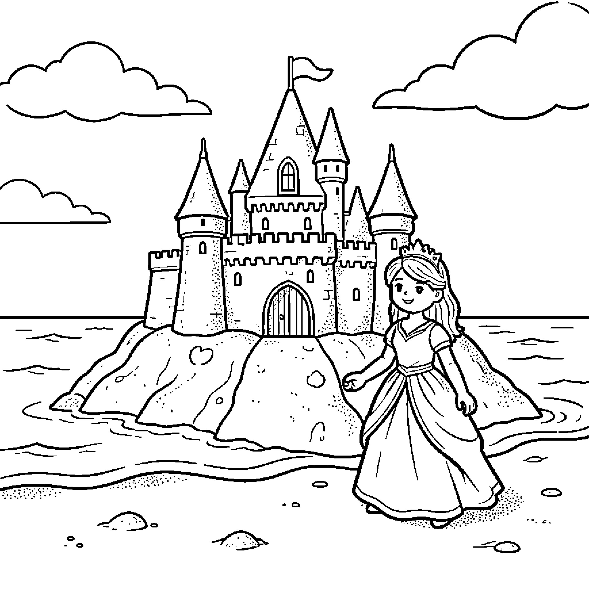 Castle standing on an island behind a smiling princess Coloring Page (free black-and-white line drawing printable PDF for all, from beginners to advanced learners, including children, teens, adults, and seniors)
