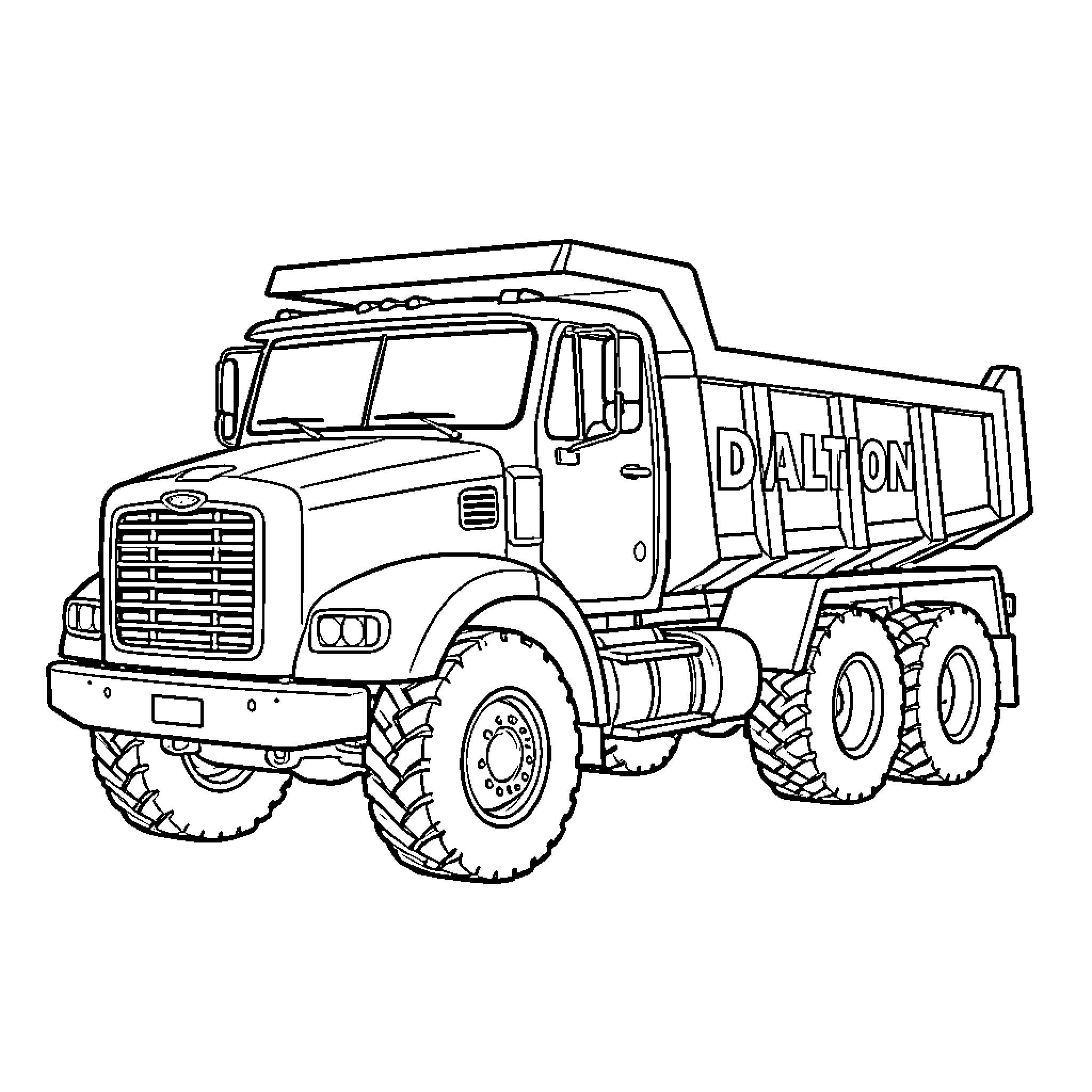 Dump Truck hauling heavy cargo on rugged terrain Coloring Page (free black-and-white line drawing printable PDF for all, from beginners to advanced learners, including children, teens, adults, and seniors)