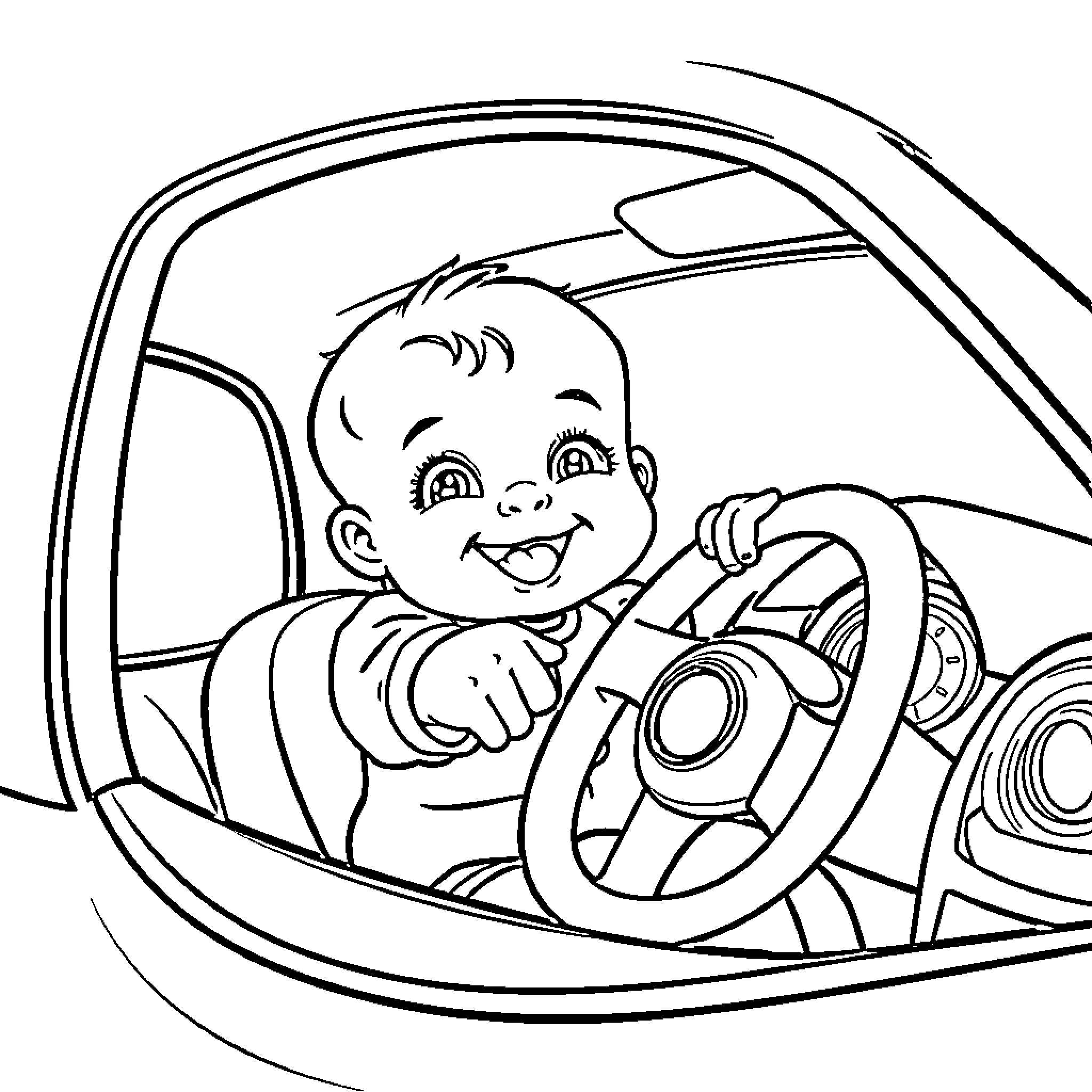 Baby happily driving a car Coloring Page (free black-and-white line drawing printable PDF for all, from beginners to advanced learners, including children, teens, adults, and seniors)