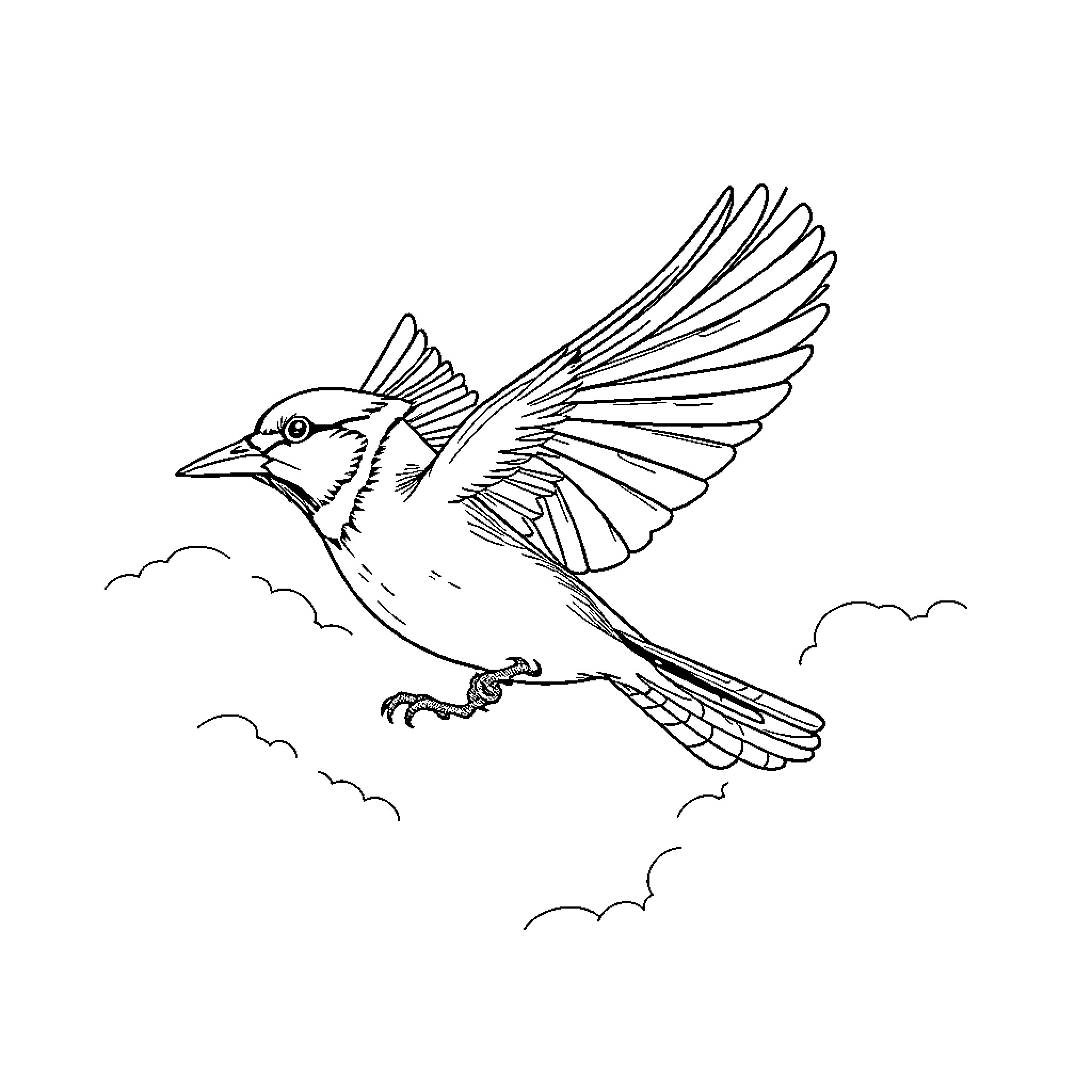 Blue Jay soaring through the clouds Coloring Page (free black-and-white line drawing printable PDF for all, from beginners to advanced learners, including children, teens, adults, and seniors)