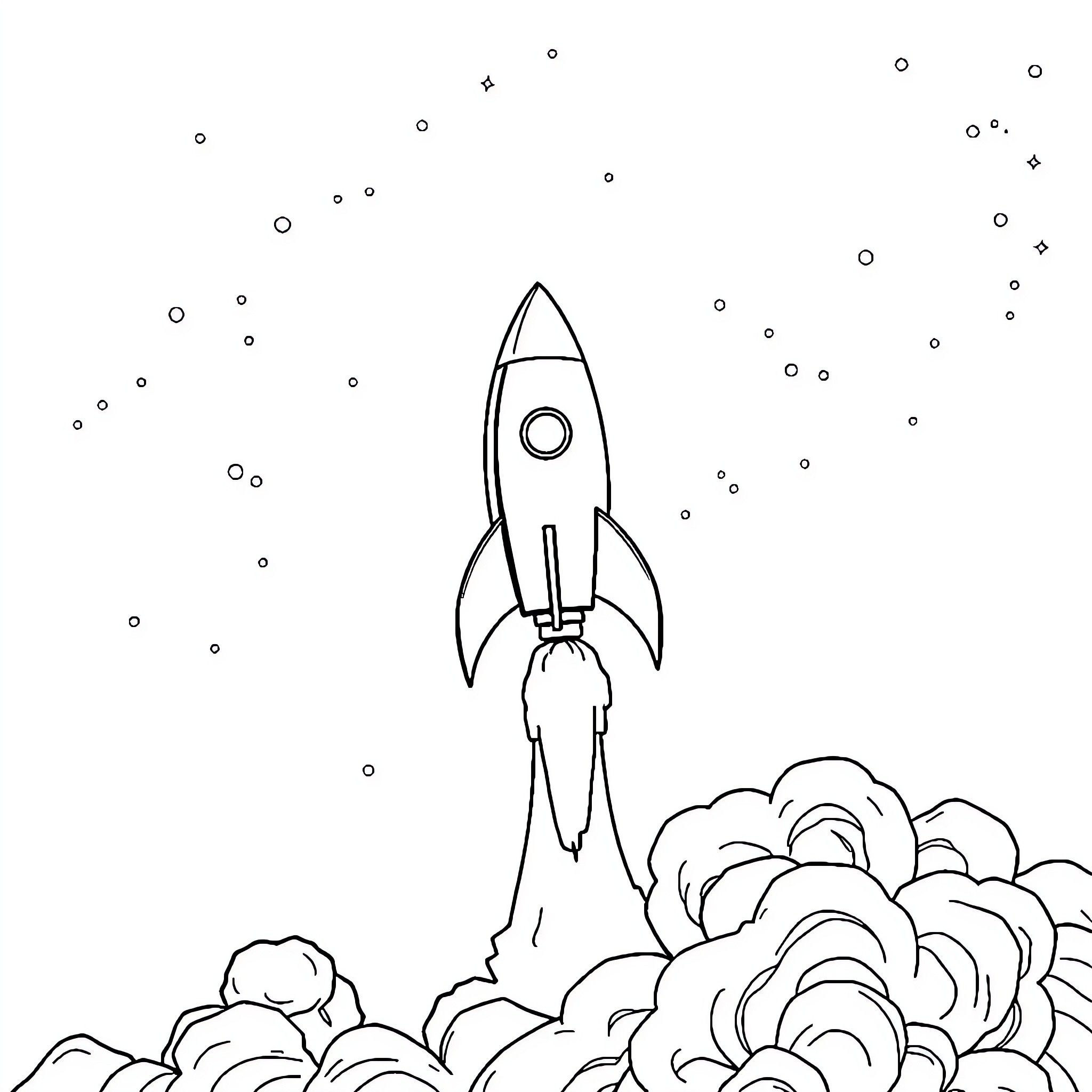 Rocket blasting off into space Coloring Page (free black-and-white line drawing printable PDF for all, from beginners to advanced learners, including children, teens, adults, and seniors)