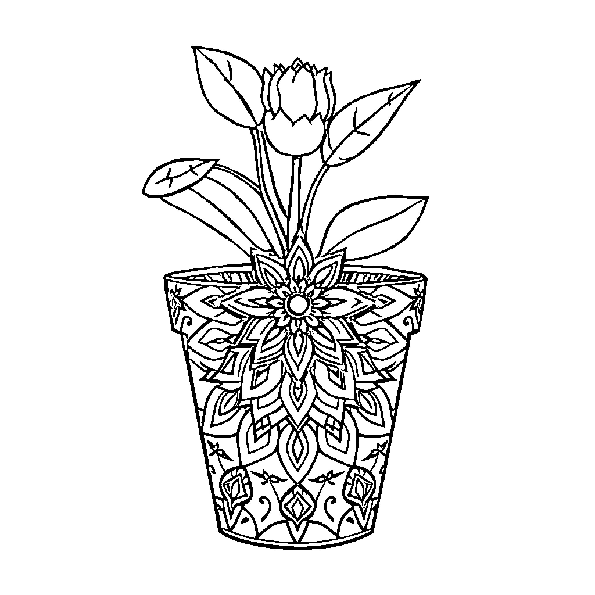 Mandala of floral arrangement in decorative vase Coloring Page (free black-and-white line drawing printable PDF for all, from beginners to advanced learners, including children, teens, adults, and seniors)