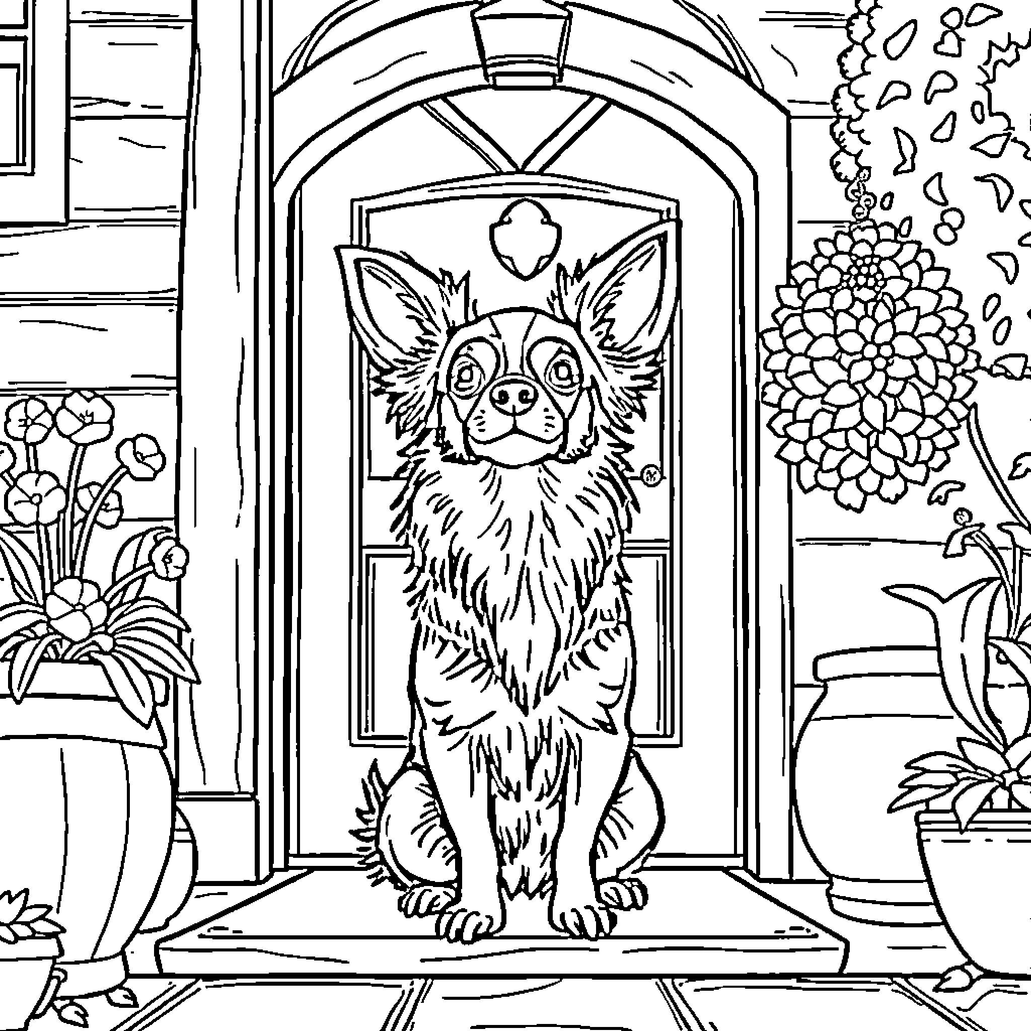 Chihuahua waiting patiently at the door Coloring Page (free black-and-white line drawing printable PDF for all, from beginners to advanced learners, including children, teens, adults, and seniors)