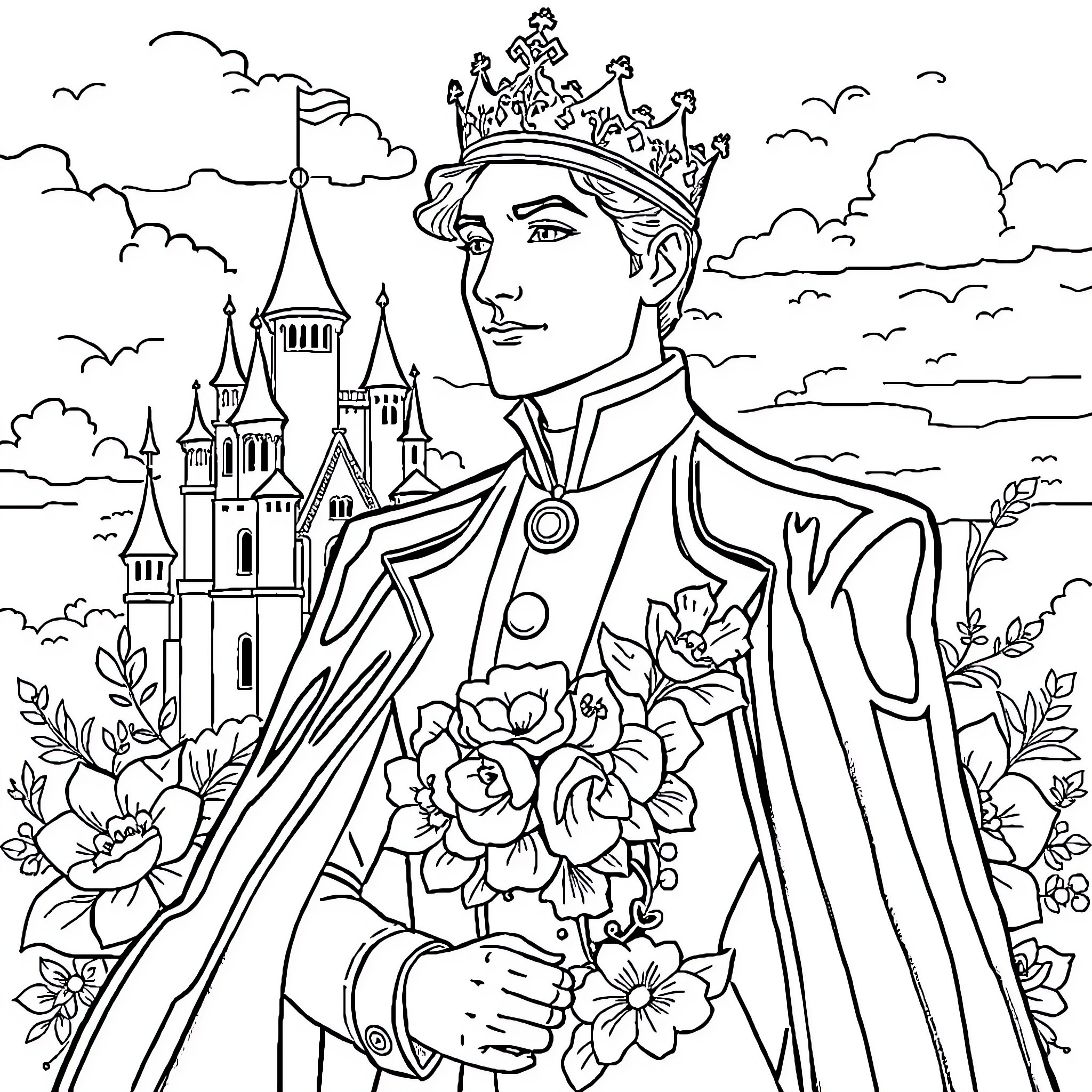 Prince Posing Proudly in Regal Attire Coloring Page (free black-and-white line drawing printable PDF for all, from beginners to advanced learners, including children, teens, adults, and seniors)
