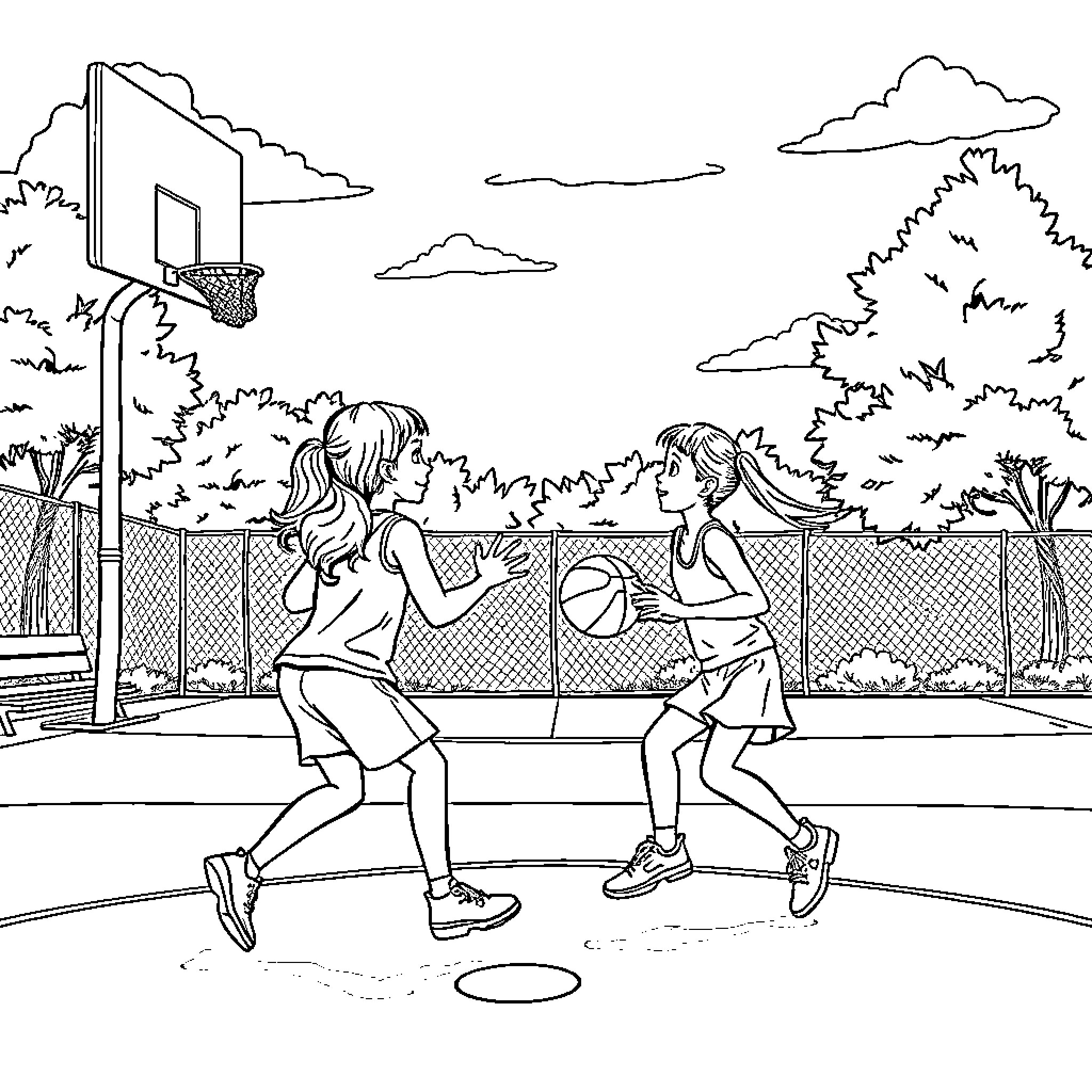 Liv and Maddie playing basketball on the court Coloring Page (free black-and-white line drawing printable PDF for all, from beginners to advanced learners, including children, teens, adults, and seniors)