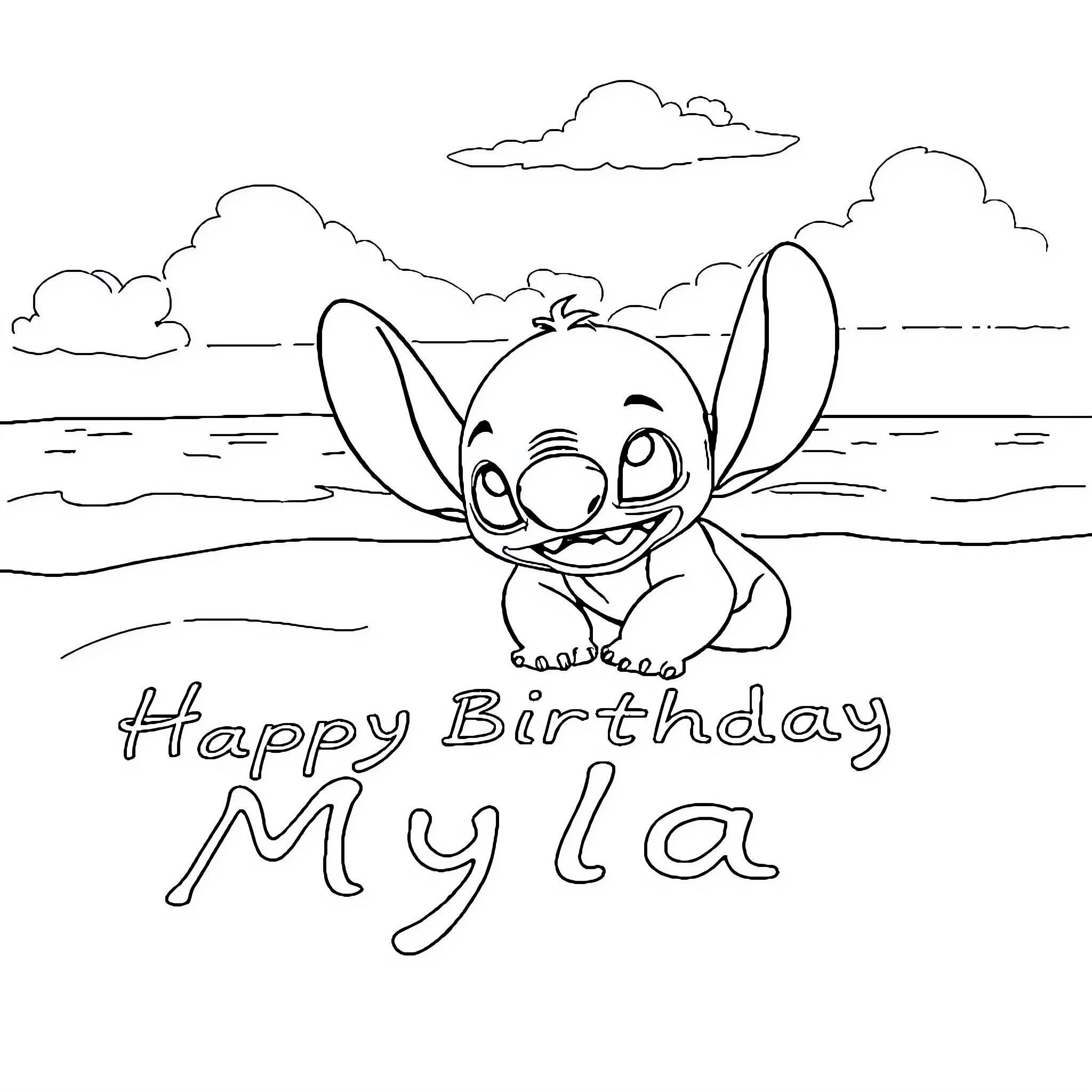 Stitch celebrating a happy birthday Coloring Page (free black-and-white line drawing printable PDF for all, from beginners to advanced learners, including children, teens, adults, and seniors)