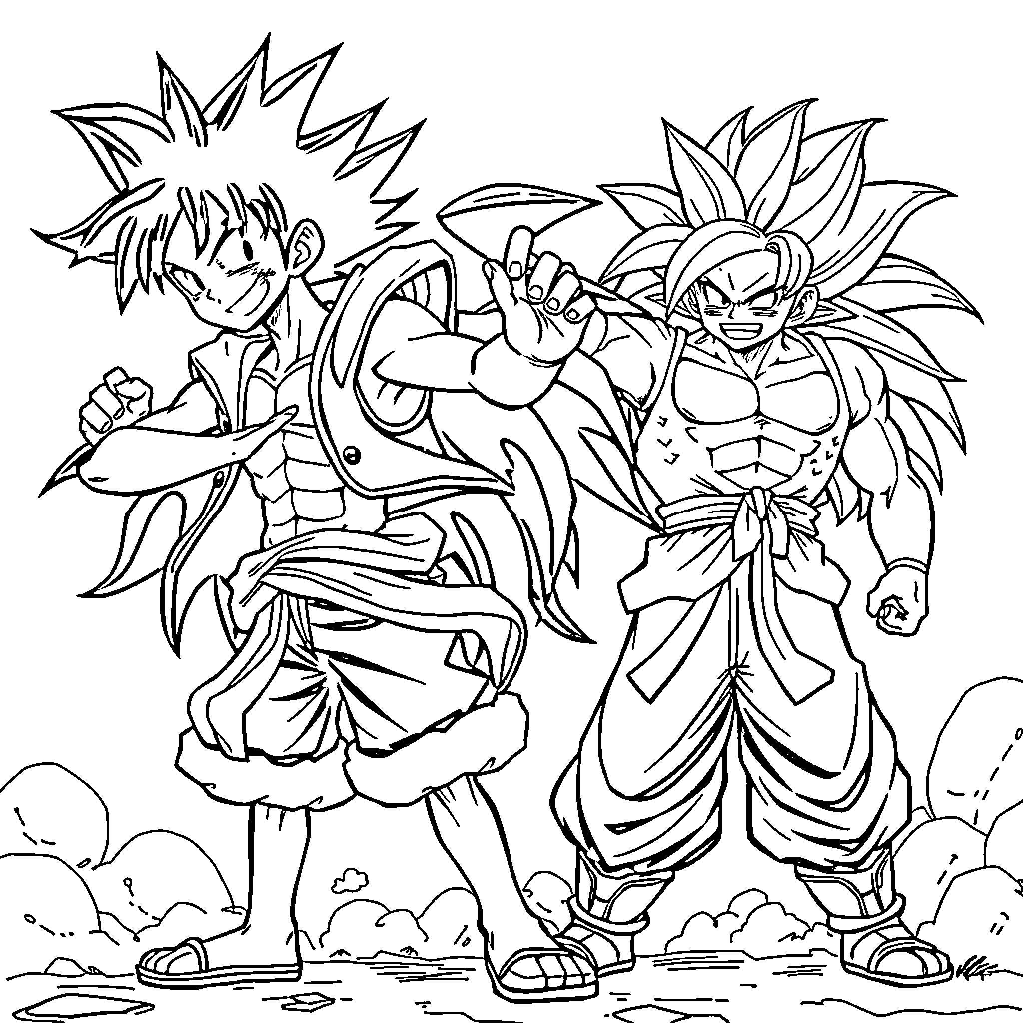 Luffy and Goku's Epic Encounter Coloring Page (free black-and-white line drawing printable PDF for all, from beginners to advanced learners, including children, teens, adults, and seniors)