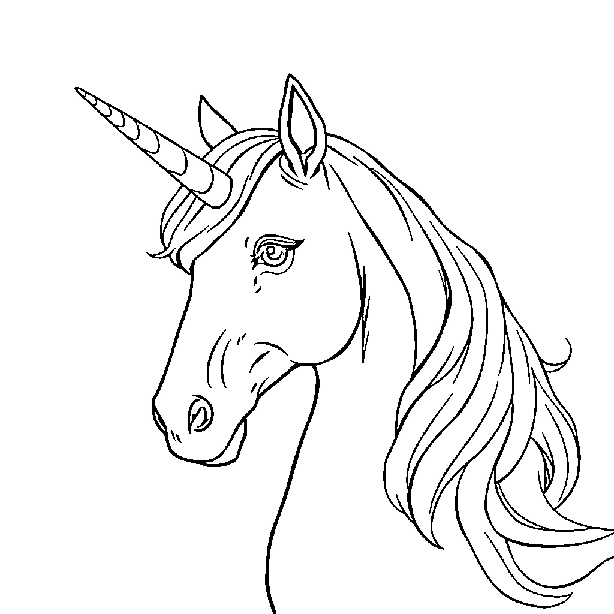Unicorn with expressive features and flowing mane Coloring Page (free black-and-white line drawing printable PDF for all, from beginners to advanced learners, including children, teens, adults, and seniors)