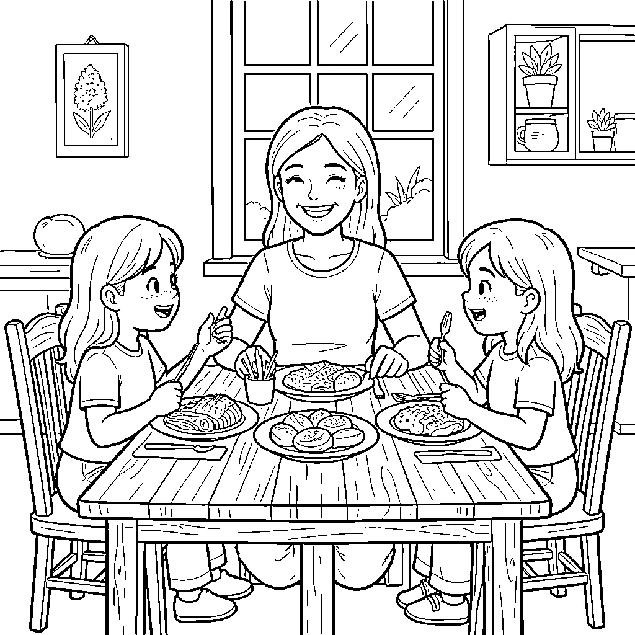 Mother Sharing a Meal with Her Children Coloring Page (free black-and-white line drawing printable PDF for all, from beginners to advanced learners, including children, teens, adults, and seniors)