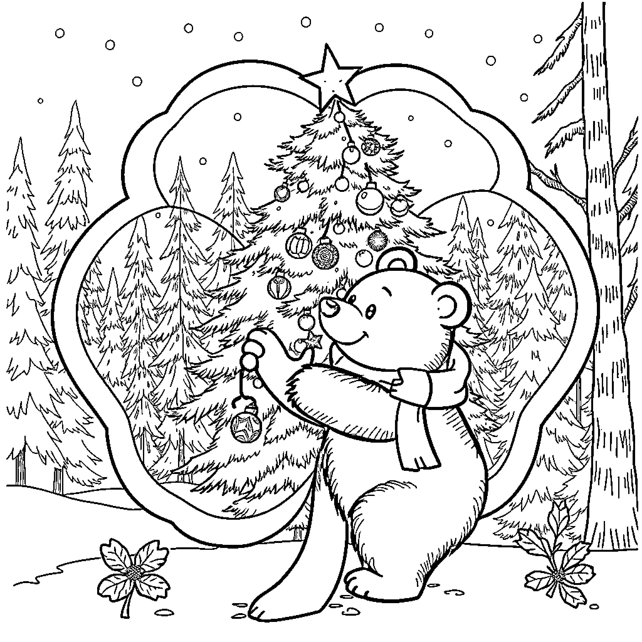 Bear decorating Christmas tree in snowy forest Coloring Page (free black-and-white line drawing printable PDF for all, from beginners to advanced learners, including children, teens, adults, and seniors)