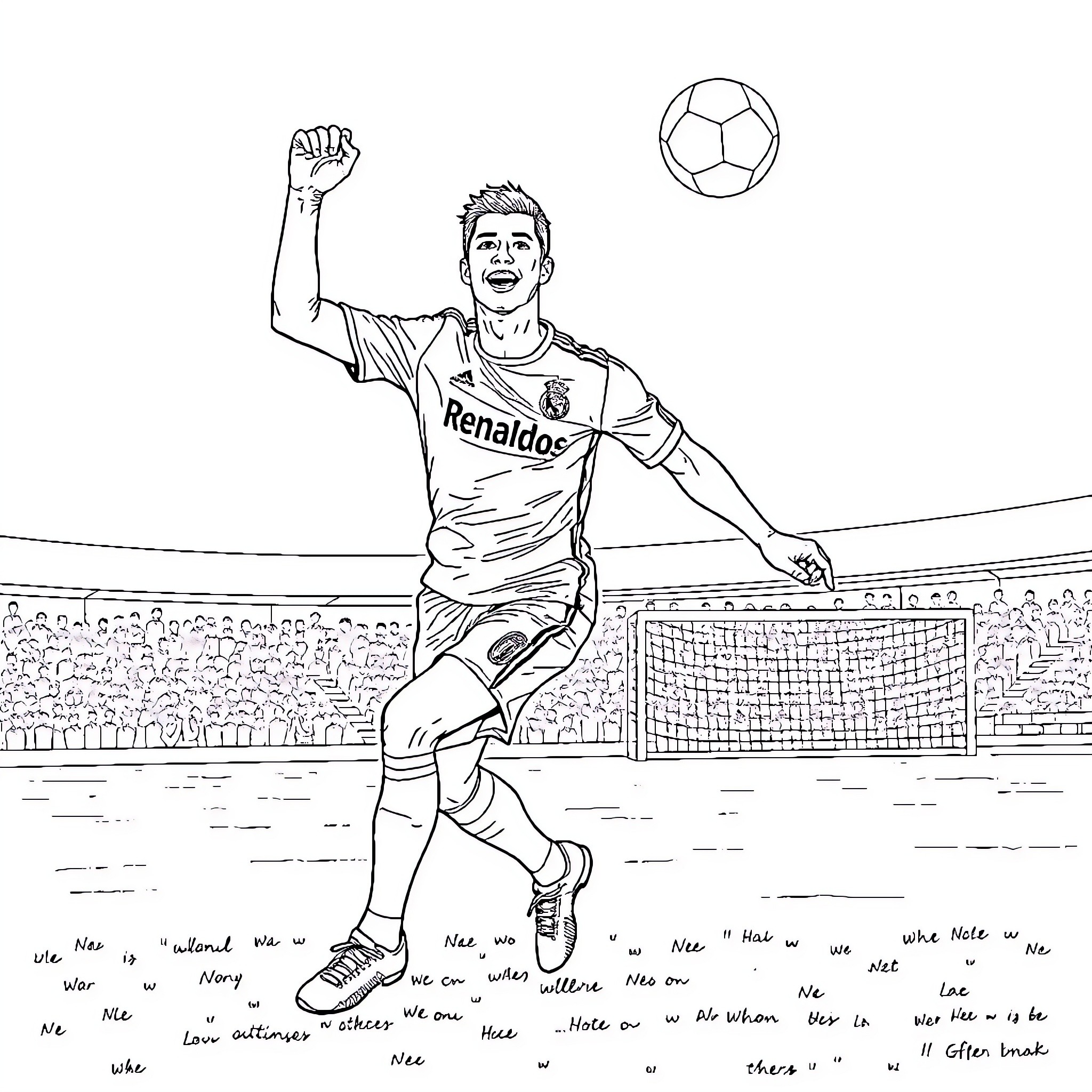 Ronaldo celebrating goal with ball on soccer field Coloring Page (free black-and-white line drawing printable PDF for all, from beginners to advanced learners, including children, teens, adults, and seniors)