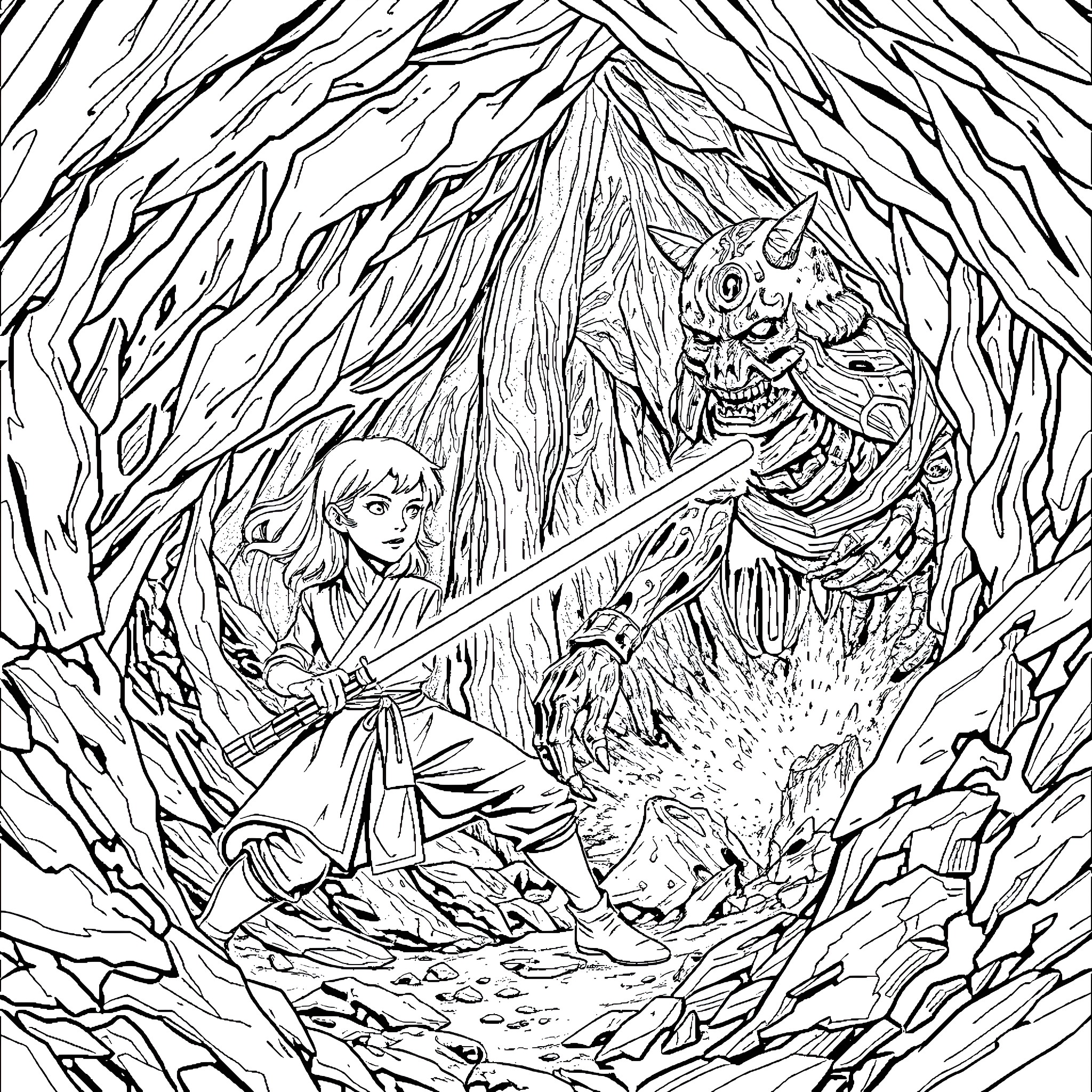 Cal Kestis fighting monstrous creature in the woods Coloring Page (free black-and-white line drawing printable PDF for all, from beginners to advanced learners, including children, teens, adults, and seniors)