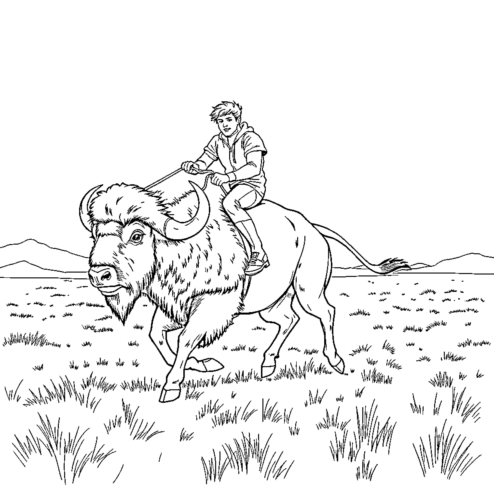 Josh Allen riding a buffalo through the countryside Coloring Page (free black-and-white line drawing printable PDF for all, from beginners to advanced learners, including children, teens, adults, and seniors)