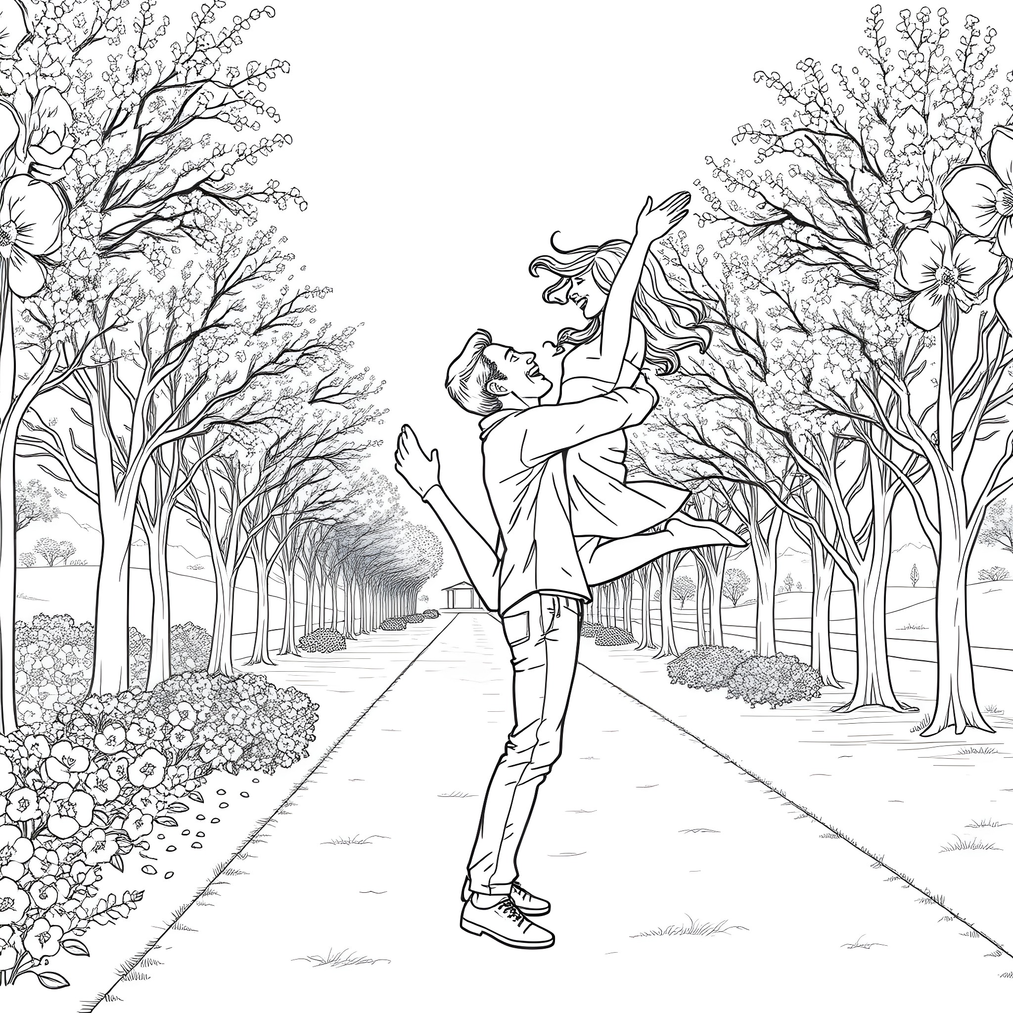 Man dancing happily in a blooming garden Coloring Page (free black-and-white line drawing printable PDF for all, from beginners to advanced learners, including children, teens, adults, and seniors)