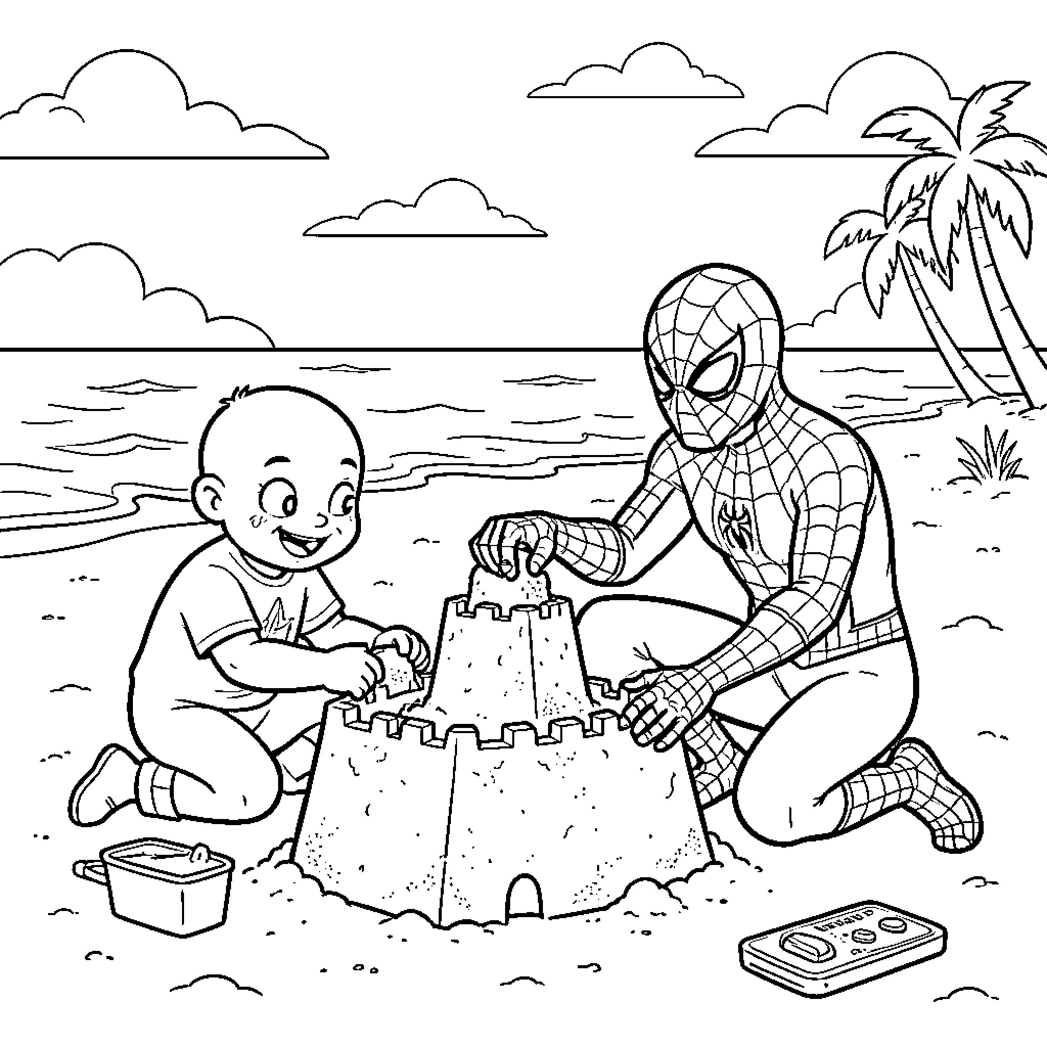 Goco Spider-Man and baby building a sandcastle Coloring Page (free black-and-white line drawing printable PDF for all, from beginners to advanced learners, including children, teens, adults, and seniors)