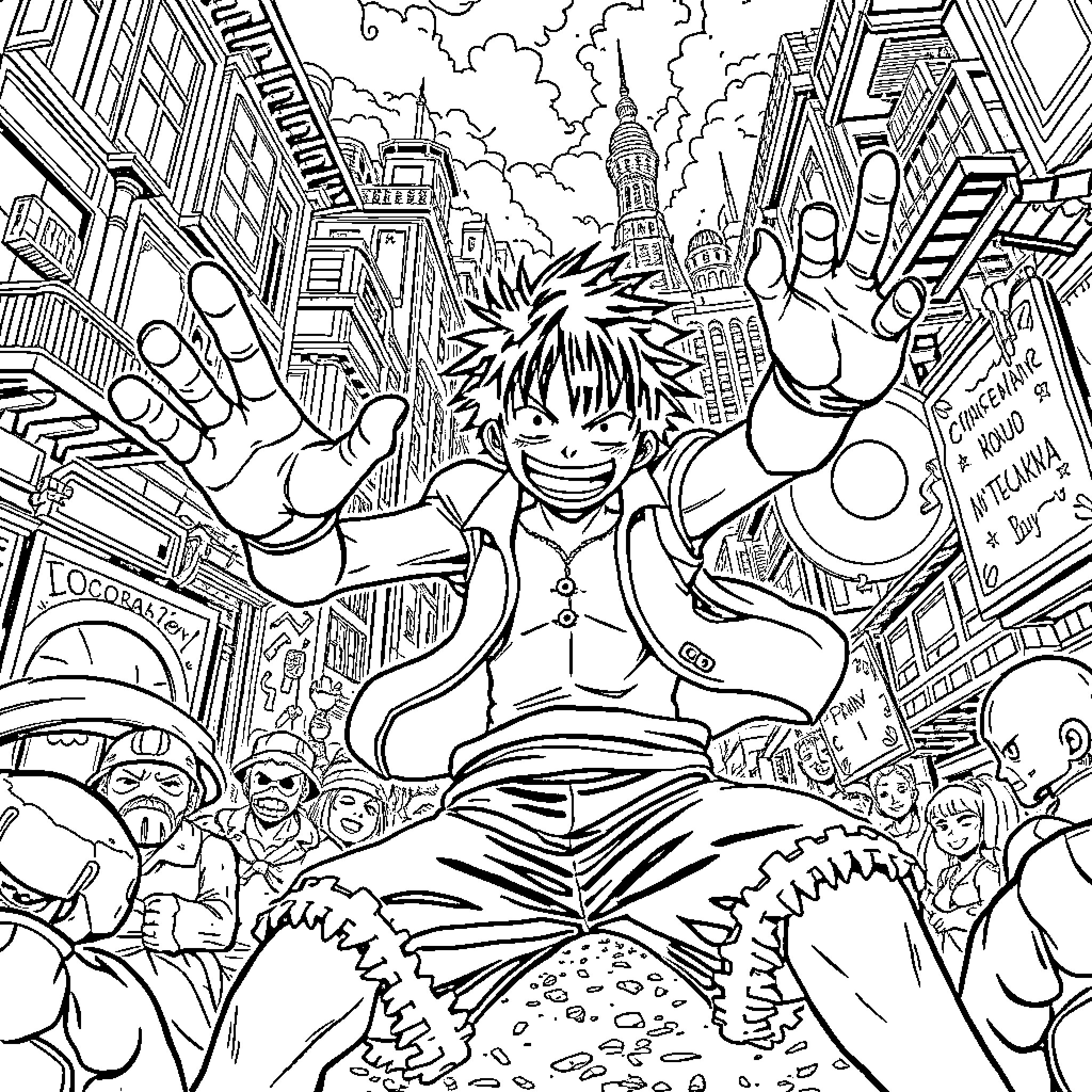 Luffy's Energetic Cityscape Adventure Coloring Page (free black-and-white line drawing printable PDF for all, from beginners to advanced learners, including children, teens, adults, and seniors)