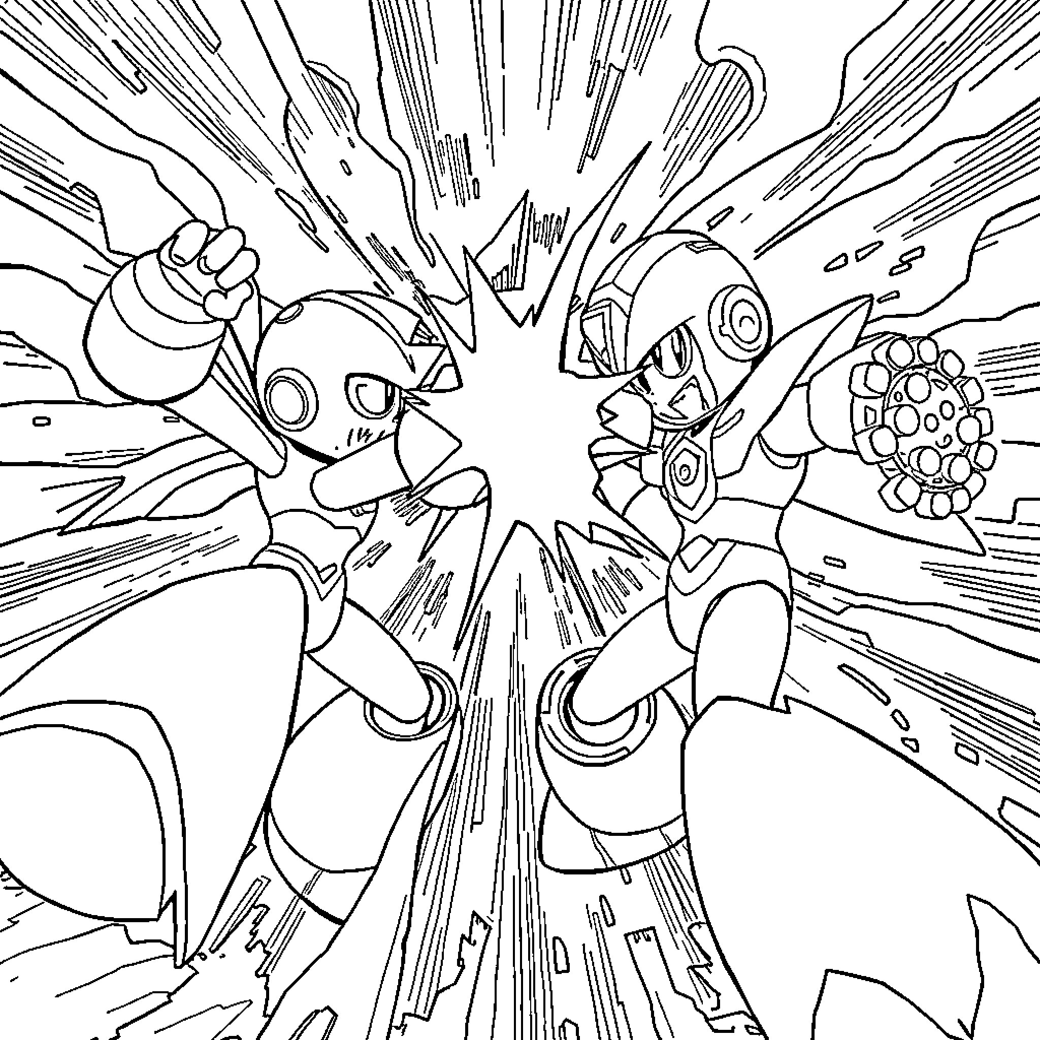 Megaman characters in action-packed battle scene Coloring Page (free black-and-white line drawing printable PDF for all, from beginners to advanced learners, including children, teens, adults, and seniors)