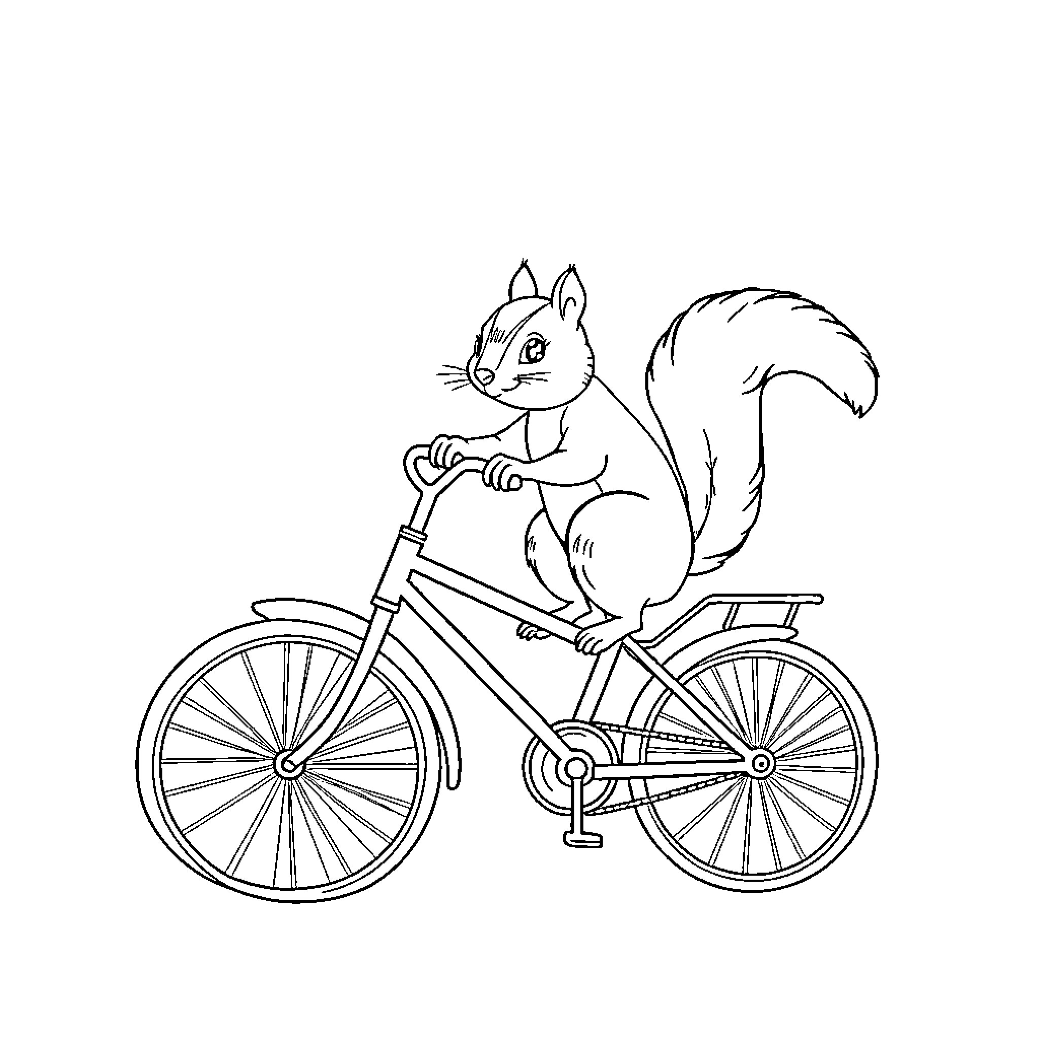 Squirrel riding a bicycle Coloring Page (free black-and-white line drawing printable PDF for all, from beginners to advanced learners, including children, teens, adults, and seniors)