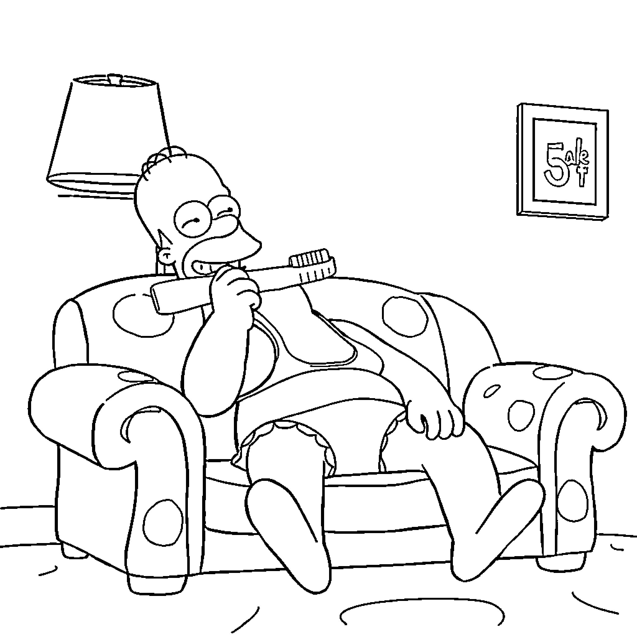 Homer Simpson relaxing on polka dot couch Coloring Page (free black-and-white line drawing printable PDF for all, from beginners to advanced learners, including children, teens, adults, and seniors)