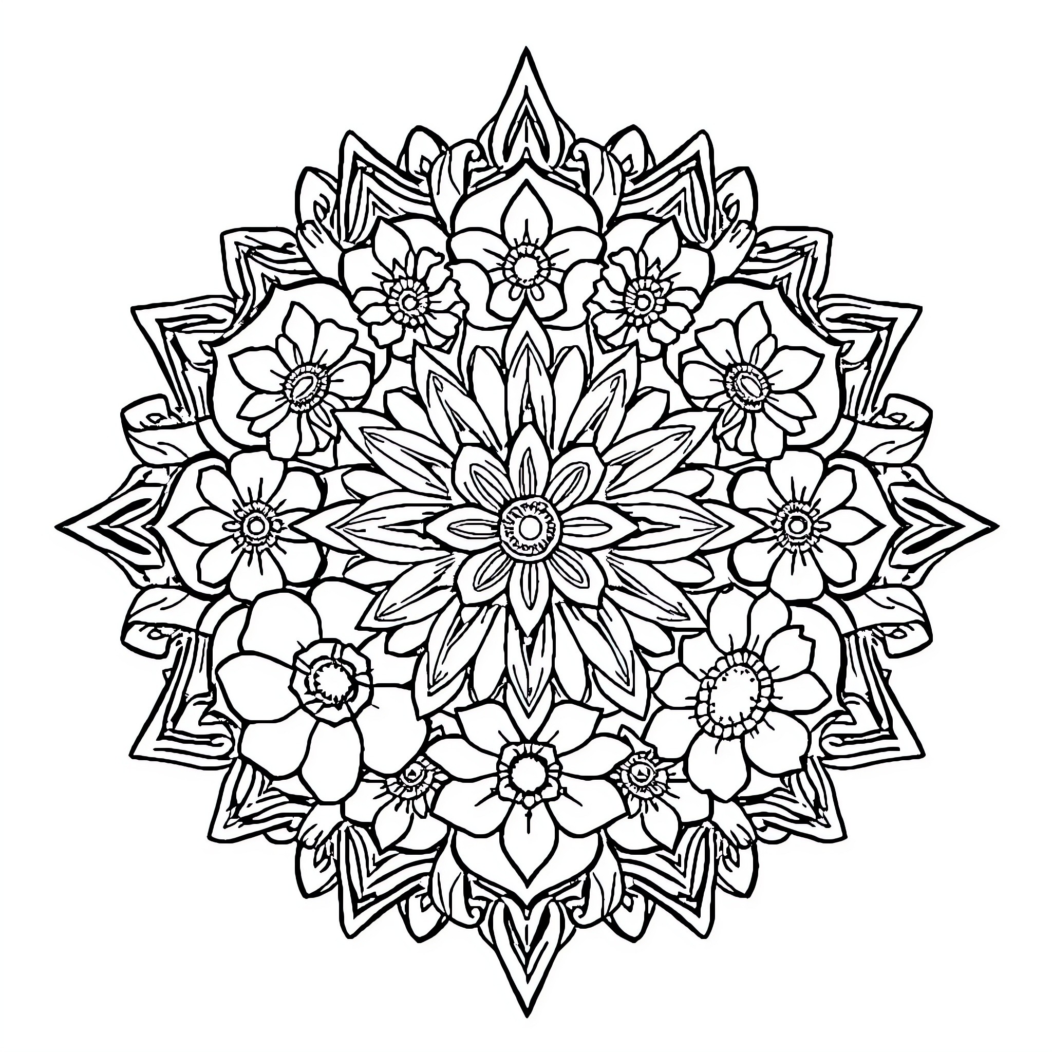 Mandala of Floral Symmetry Coloring Page (free black-and-white line drawing printable PDF for all, from beginners to advanced learners, including children, teens, adults, and seniors)