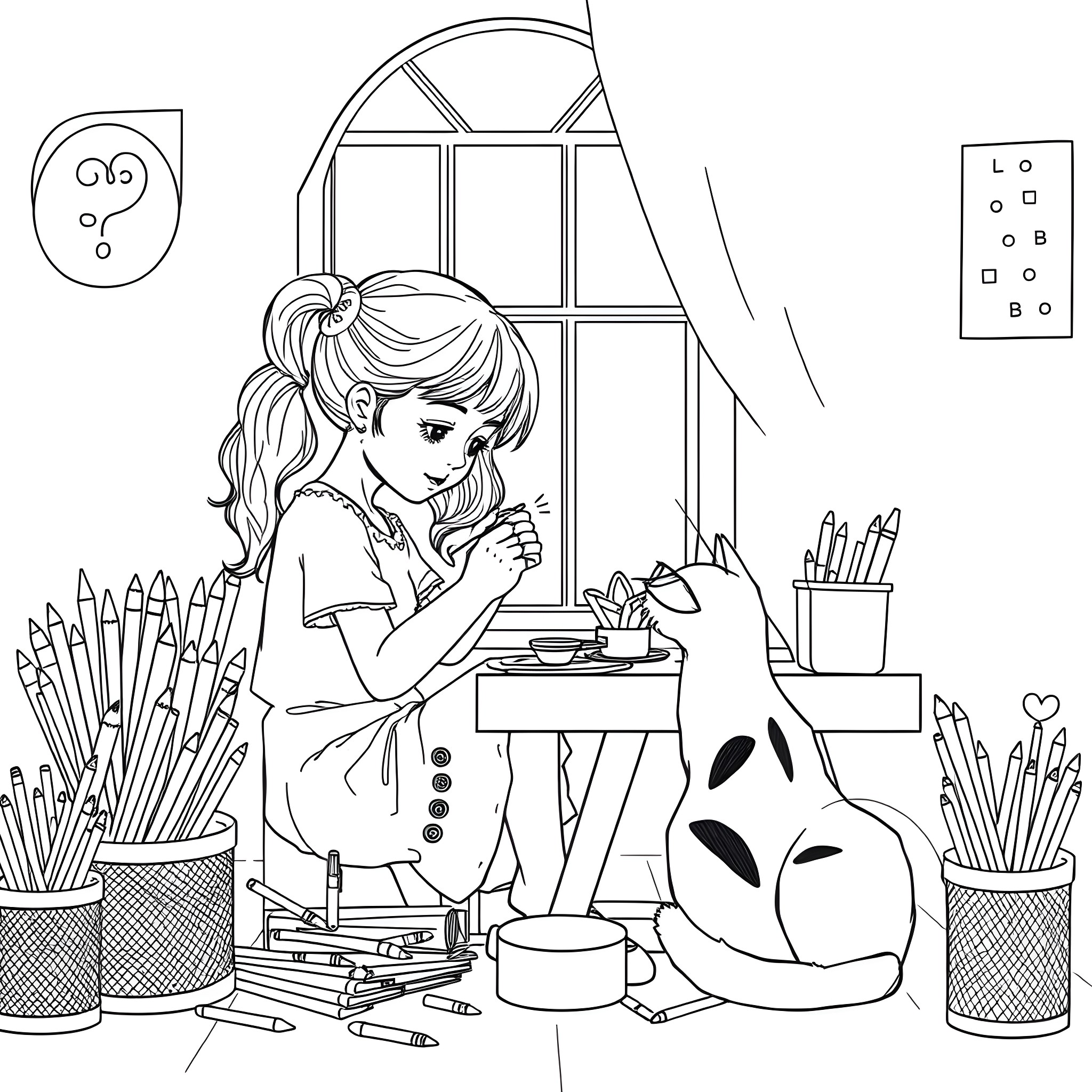Girl drawing with art supplies in her room Coloring Page (free black-and-white line drawing printable PDF for all, from beginners to advanced learners, including children, teens, adults, and seniors)