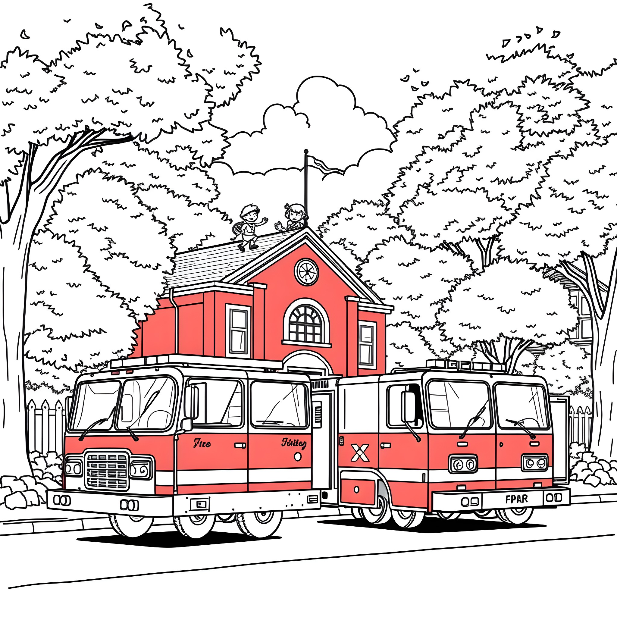 Fire Truck Responding to an Emergency Call Coloring Page (free black-and-white line drawing printable PDF for all, from beginners to advanced learners, including children, teens, adults, and seniors)